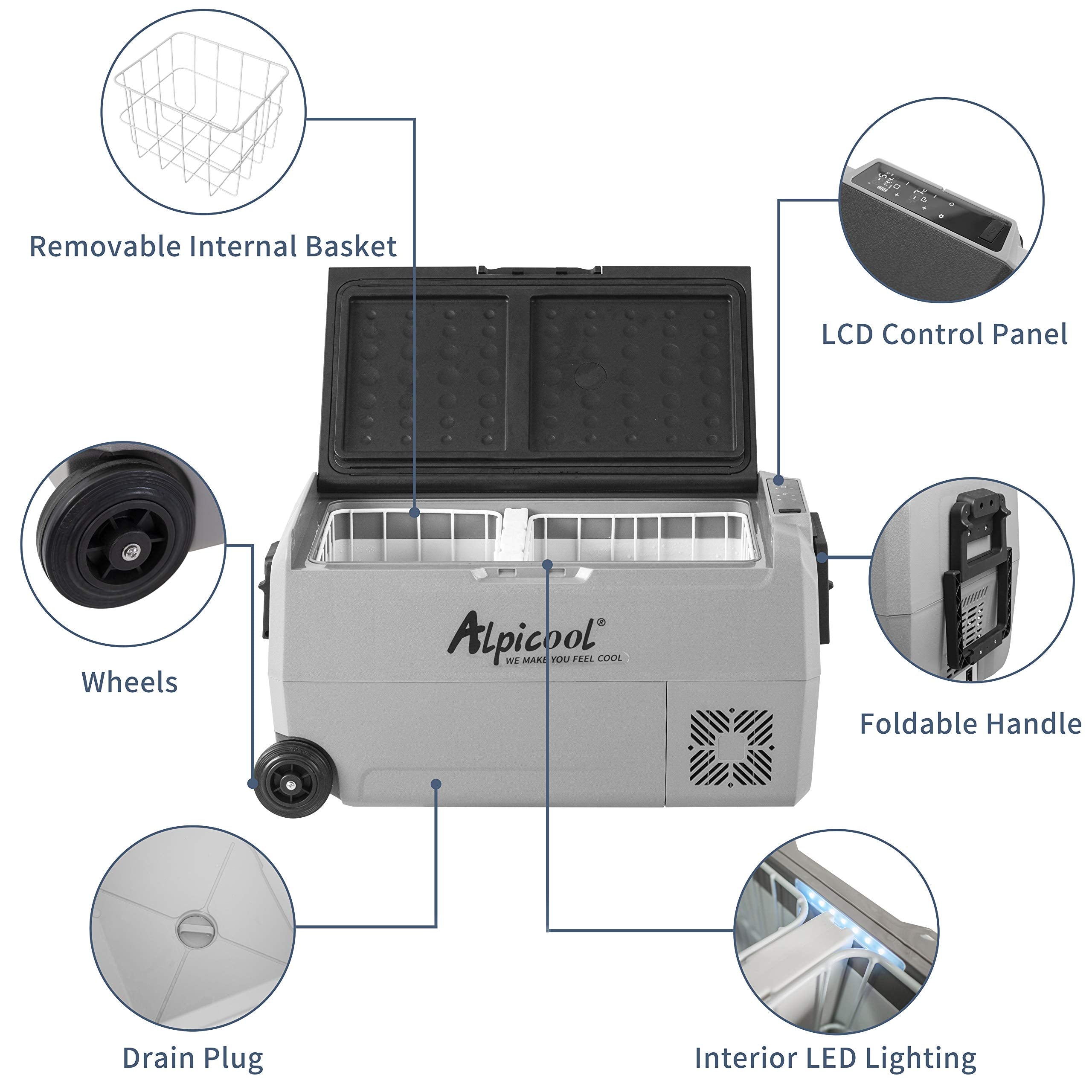 Alpicool T36 Portable 12V Refrigerator Freezer, 38QT, Dual Temperature Control, Grey, Ideal for Truck, RV, Boat, Camping, and Travel