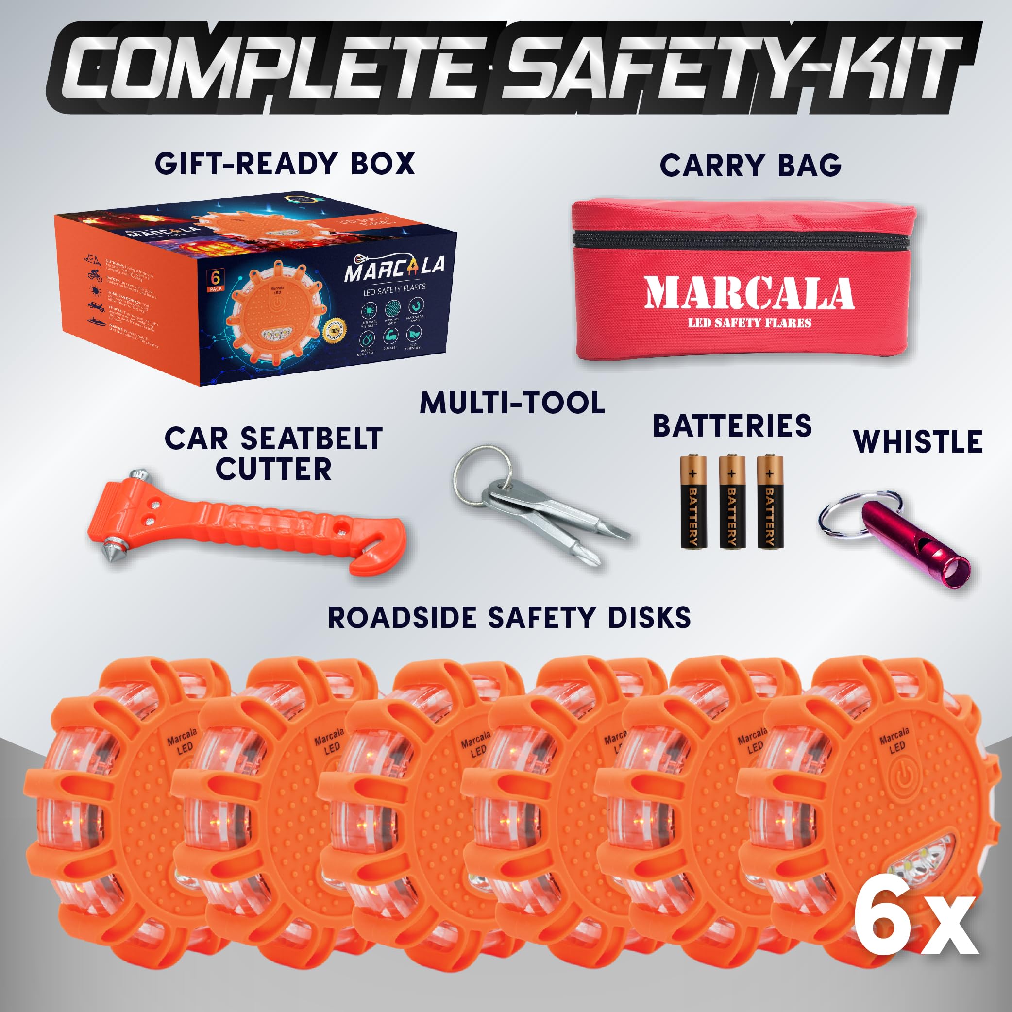 Marcala Led Road Flares 6-Pack | Roadside Emergency Kit With Flares | Roadside Safety Disc, Dot Compliant Led Safety Flares | Ba