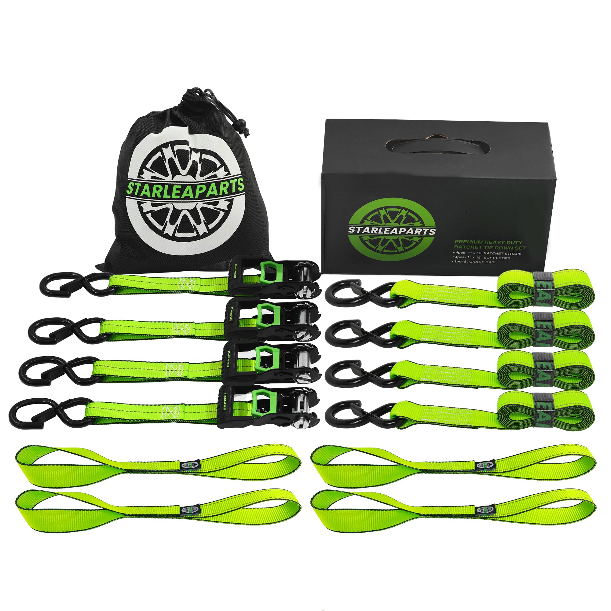 StarLeaparts Ratchet Tie Down Straps (4PK) - Lab Tested 2,100lb Break Strength - Perfect Ratchet Tie Downs with Coated S Hooks -