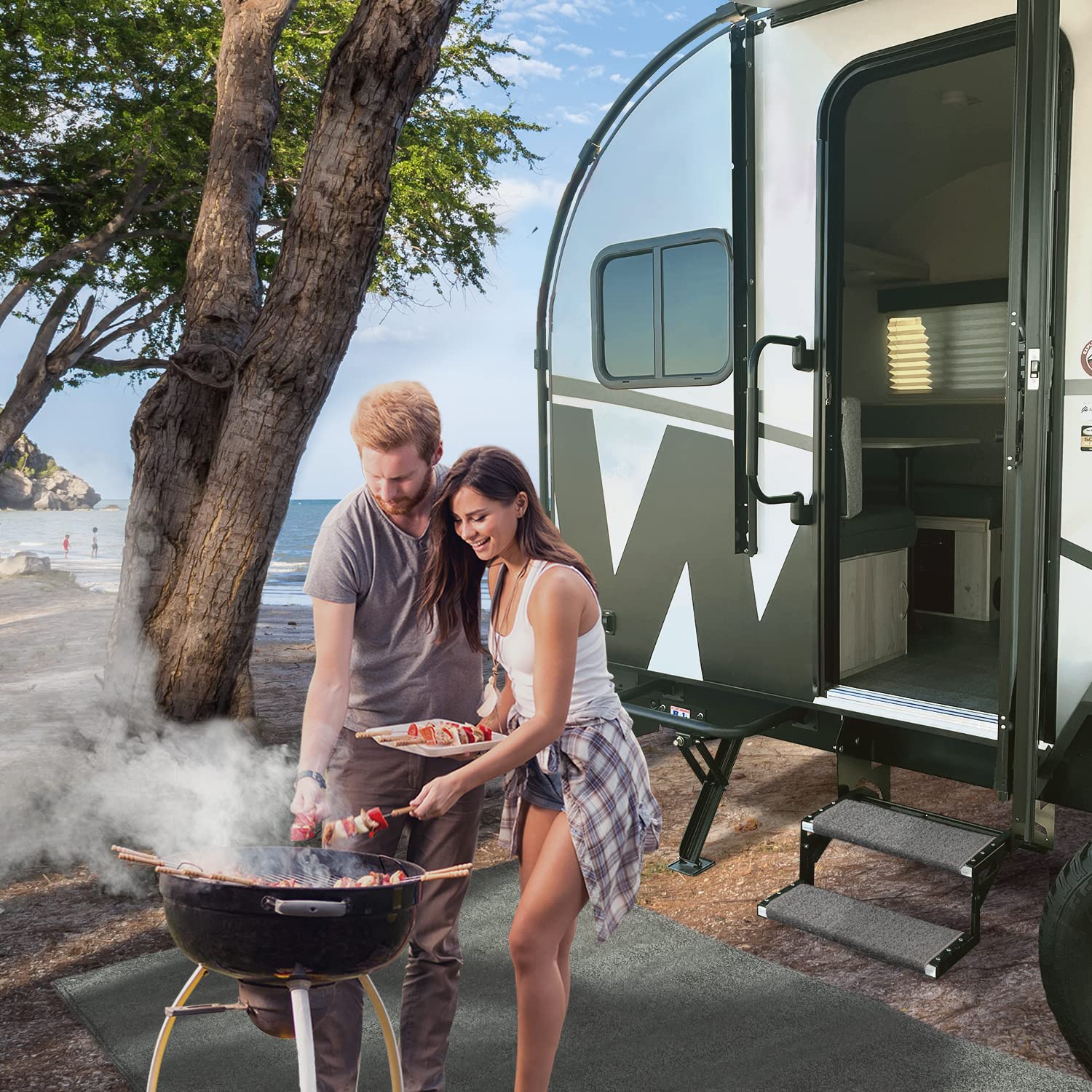 Prest-O-Fit 2-1053 Jumbo Wraparound + Plus Rv Step Rug Stone Gray 23 In. Wide