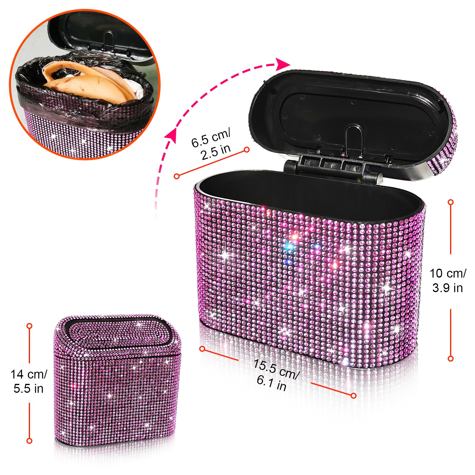 Accmor Bling Car Trash Can With Lid, Vehicle Trash Bin Car Dustbin Garbage Organizer Storage, Sparkling Crystal Mini Auto Trash