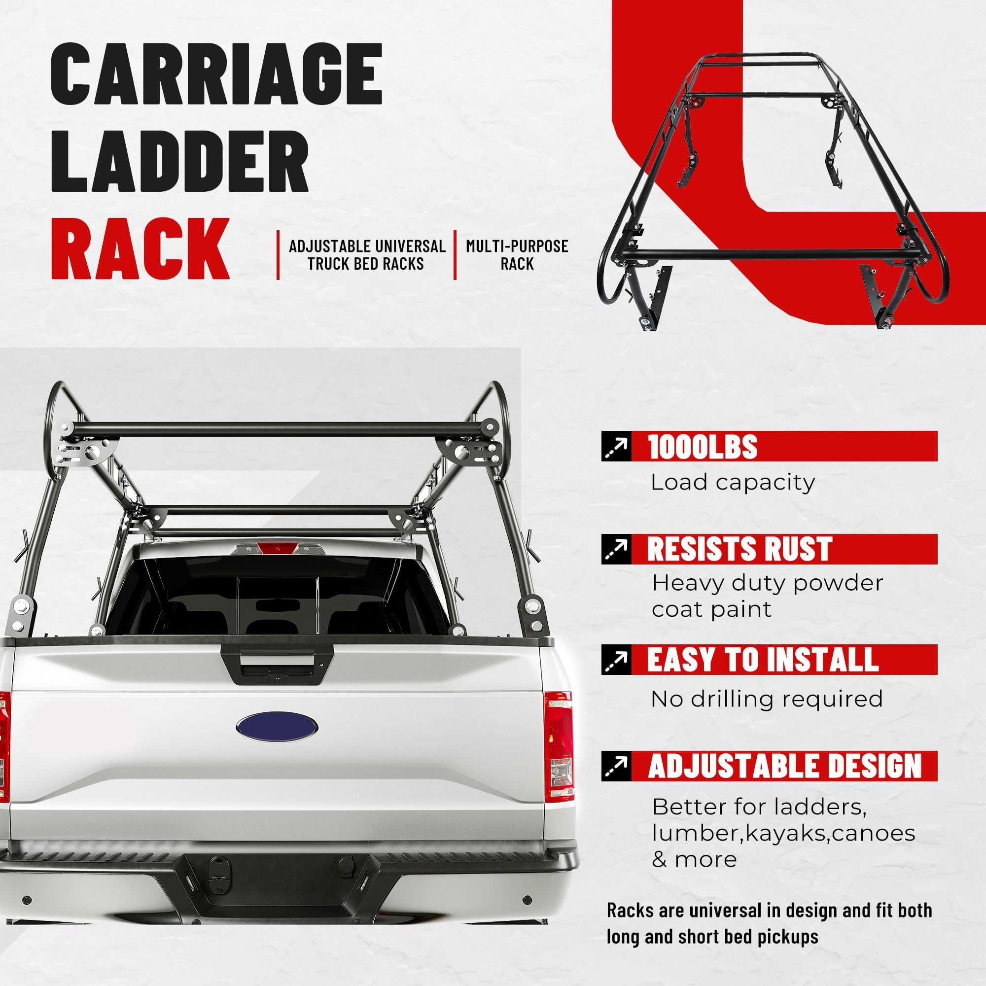 ECOTRIC 1000 LBS Adjustable 58''-69'' Universal Truck Bed Rack Contractor Ladder Pickup Lumber Utility Kayak Full Size Rack 60''
