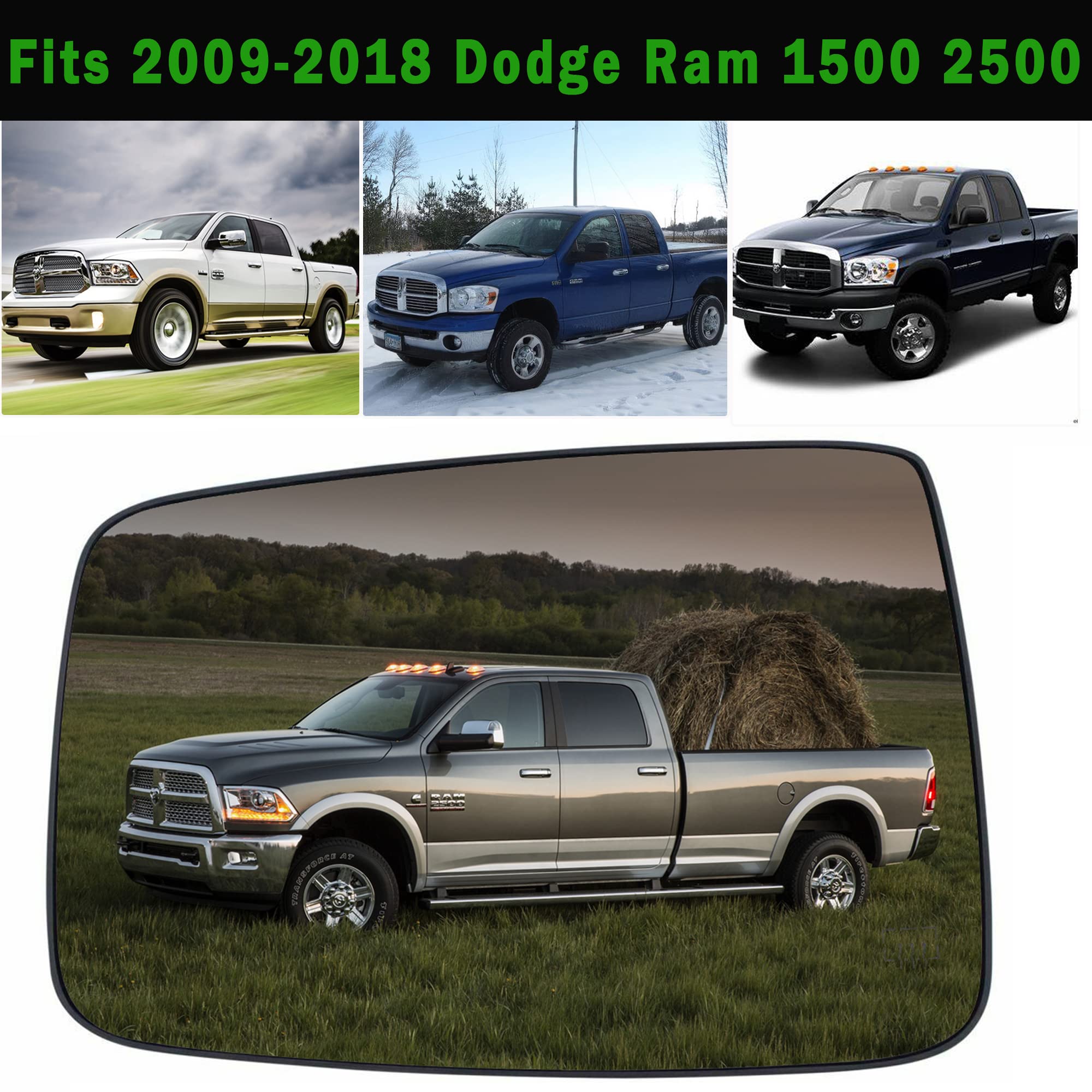 Ram Driver Left Side Heated Mirror Glass Compatible With Dodge Ram 1500 2500 2009-2018 Left Power Heated Convex Mirror Glass 68050299Aa, 68079363Aa