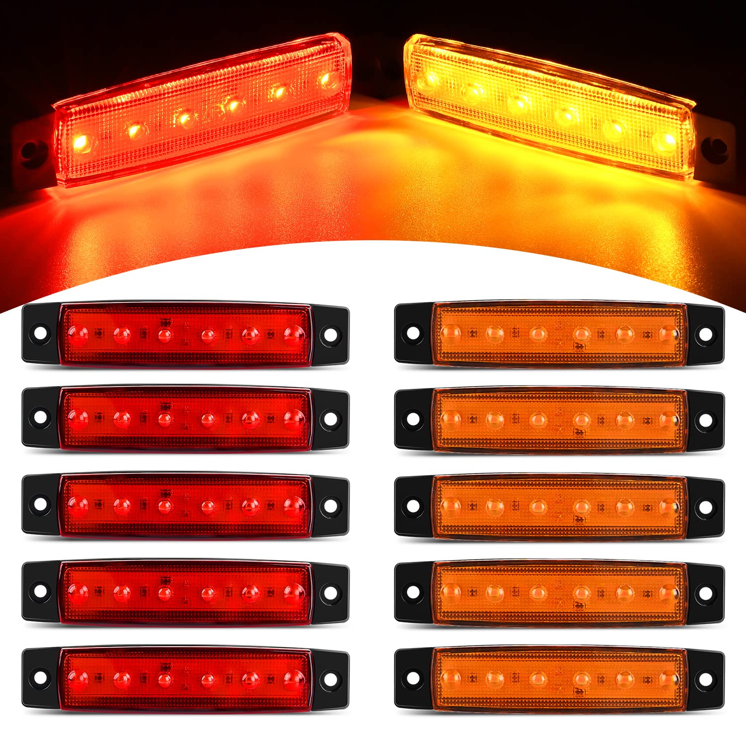 Nilight - Tl-13 10 Pcs Amber Red 3.8    6 Led Amber Side Led Marker Clearance Indicator Light Rear Side Marker Light For Truck T