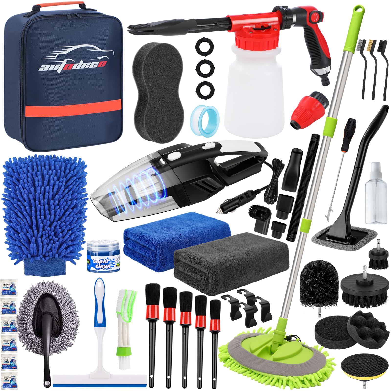 Autodeco 43Pcs Car Wash Detailing Kit Cleaning Kits With Foam Gun Sprayer Long Handle Mop Car Vacuum Drill Brush Large Wash Mitt