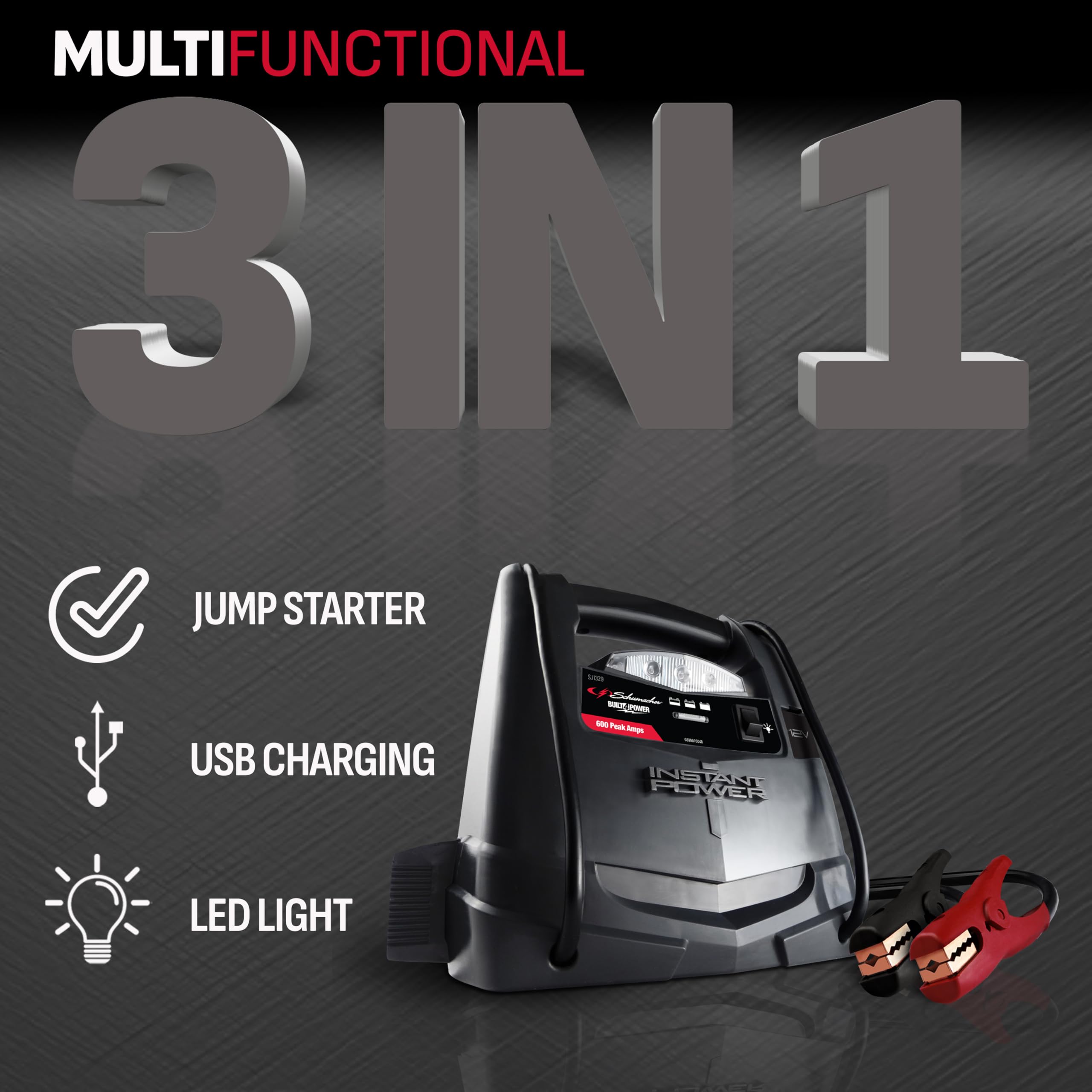 Schumacher SJ1329 Jump Starter - 600 Peak Amps, 12V Portable Power for Motorcycles & 4-6 Cylinder Cars, Black