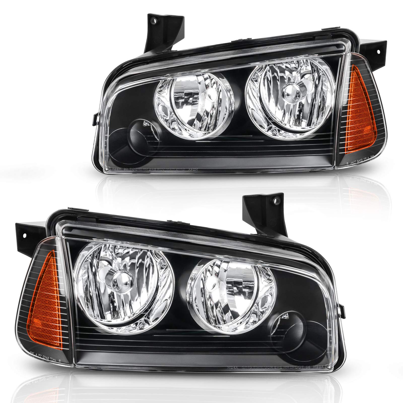 Dwvo Headlight Assembly Compatible With 2006-2010 Dodge Charger Black Housing Amber Reflector (Driver & Passenger Side)