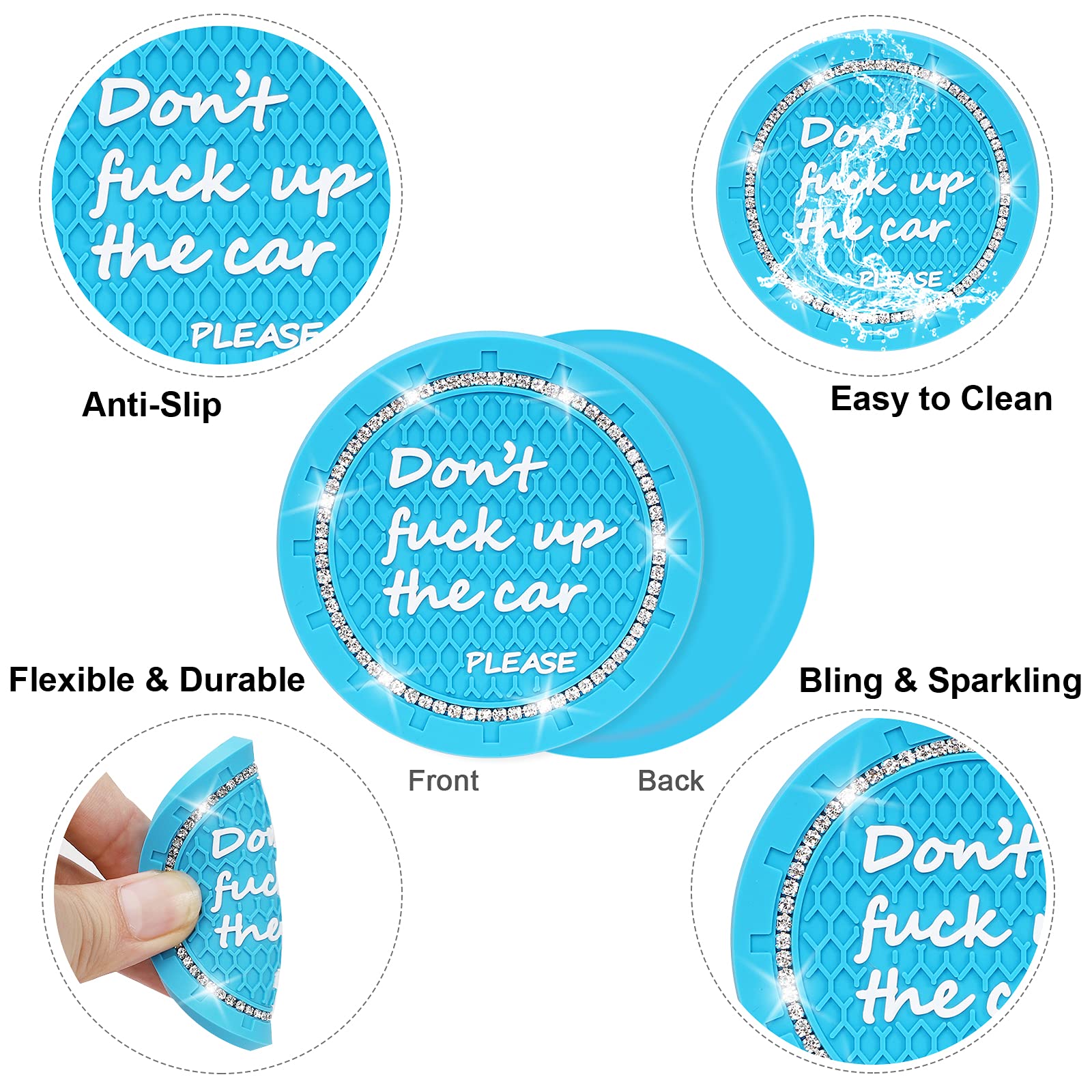 Bling Car Coasters, Shanshui 4 Pack Universal Auto Anti Slip Cup Holder Insert Coaster, Bling Crystal Rhinestone Car Interior Accessories For Most Cars (Blue / 4Pcs)