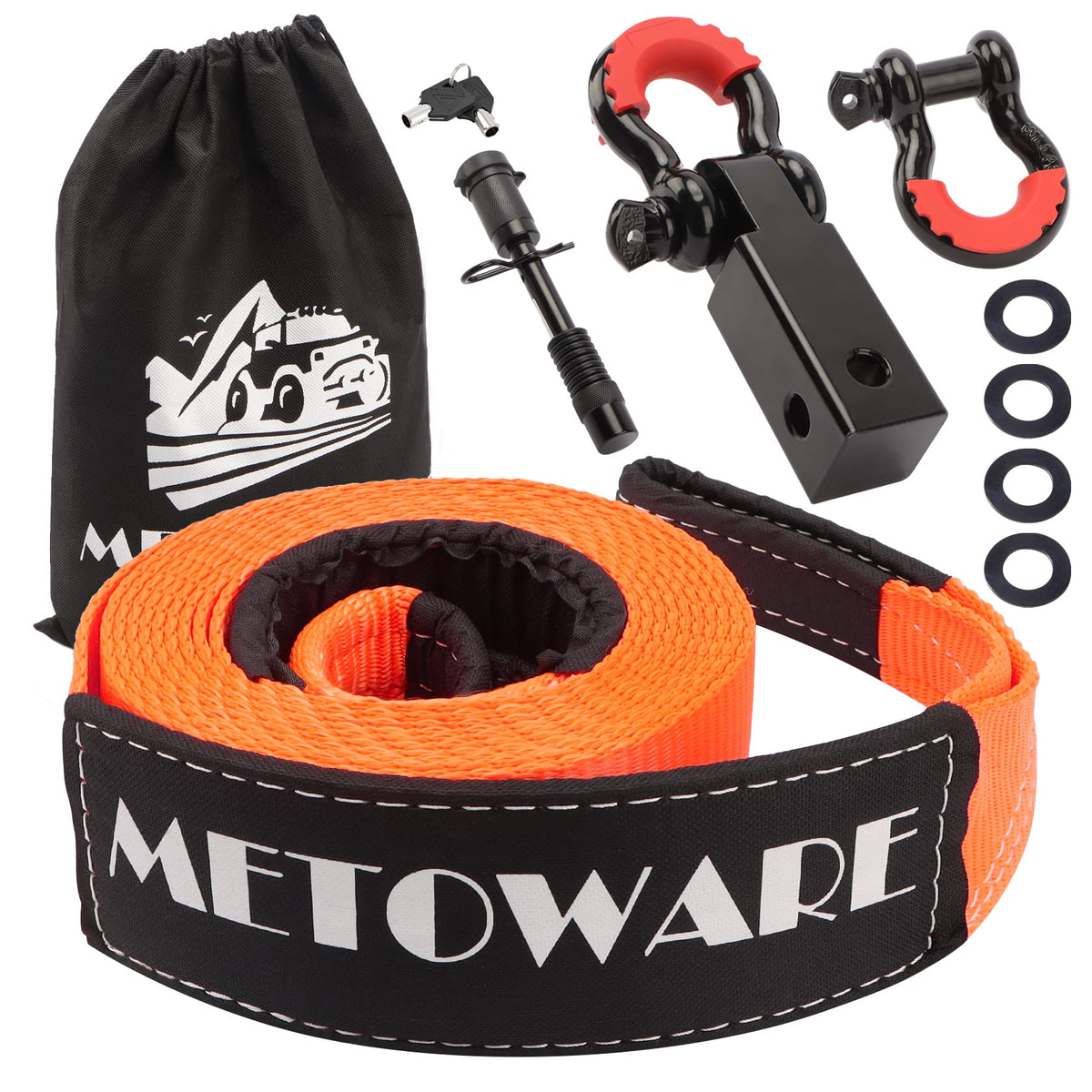 Metoware Heavy Duty Tow Strap Recovery Kit - 3'' X 20Ft(35,000Lbs) Tree Saver Winch Strap + 3/4'' D Ring Shackles(2Pcs) +2'' Sha