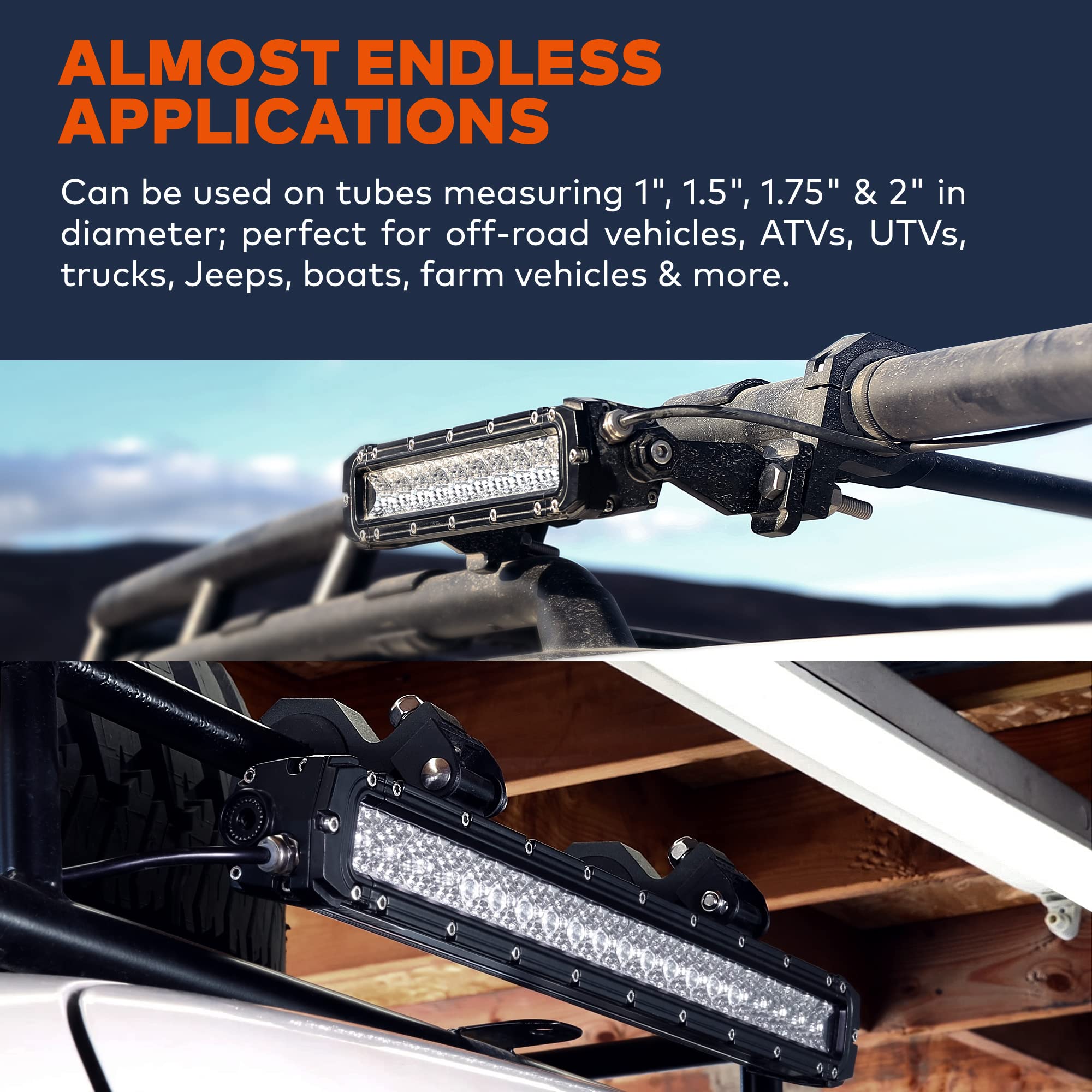 Lamphus Off-Road Light Mounting Bracket Bar Clamp Kits [1''/1.5''/1.75''/2'' Inch] [Horizontal Bar] [Aluminium] [2 Units] Bull R