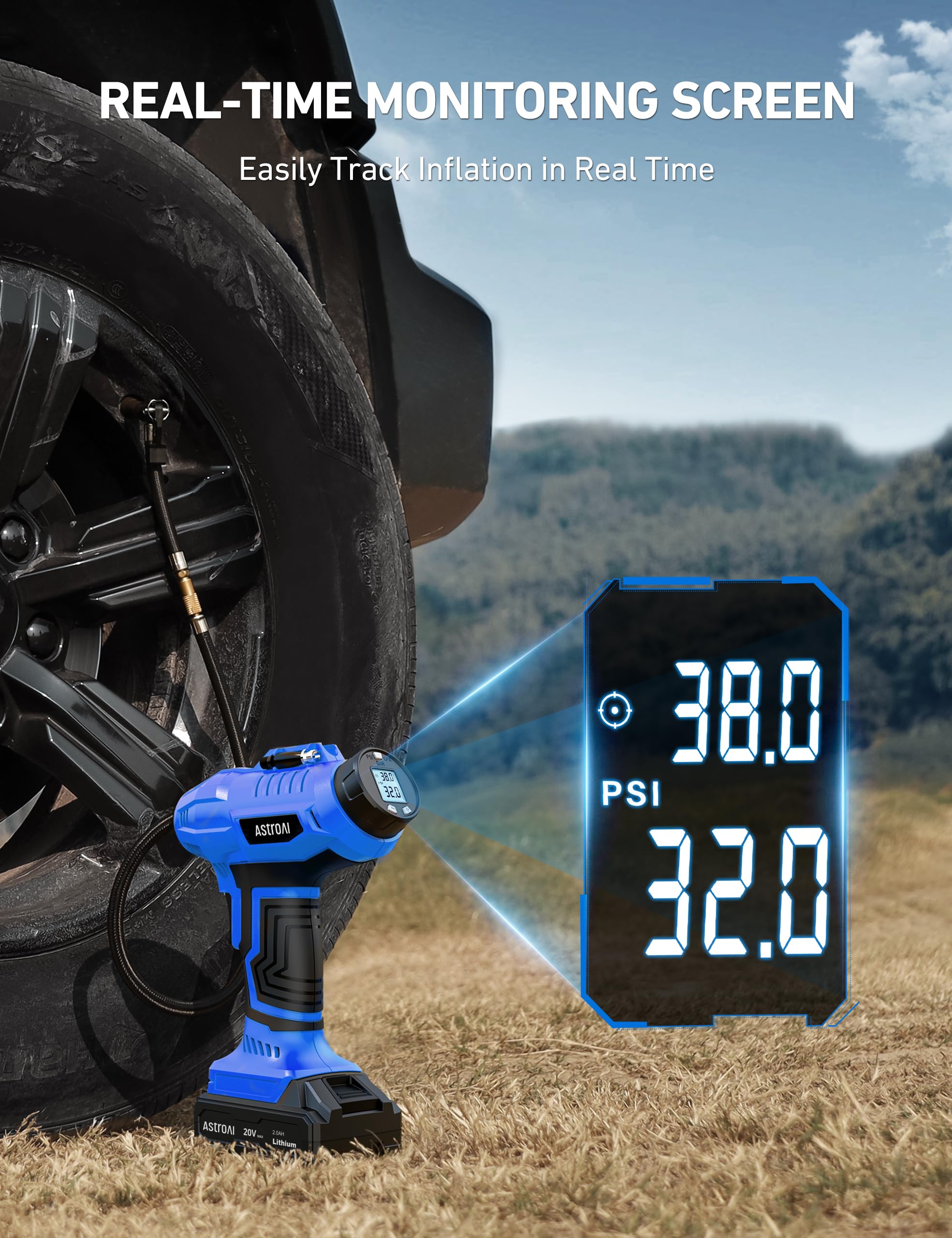 Astroai Cordless Tire Inflator Air Compressor 20V Rechargeable Battery Powered 160Psi Portable Handheld Air Pump With 12V Car Po
