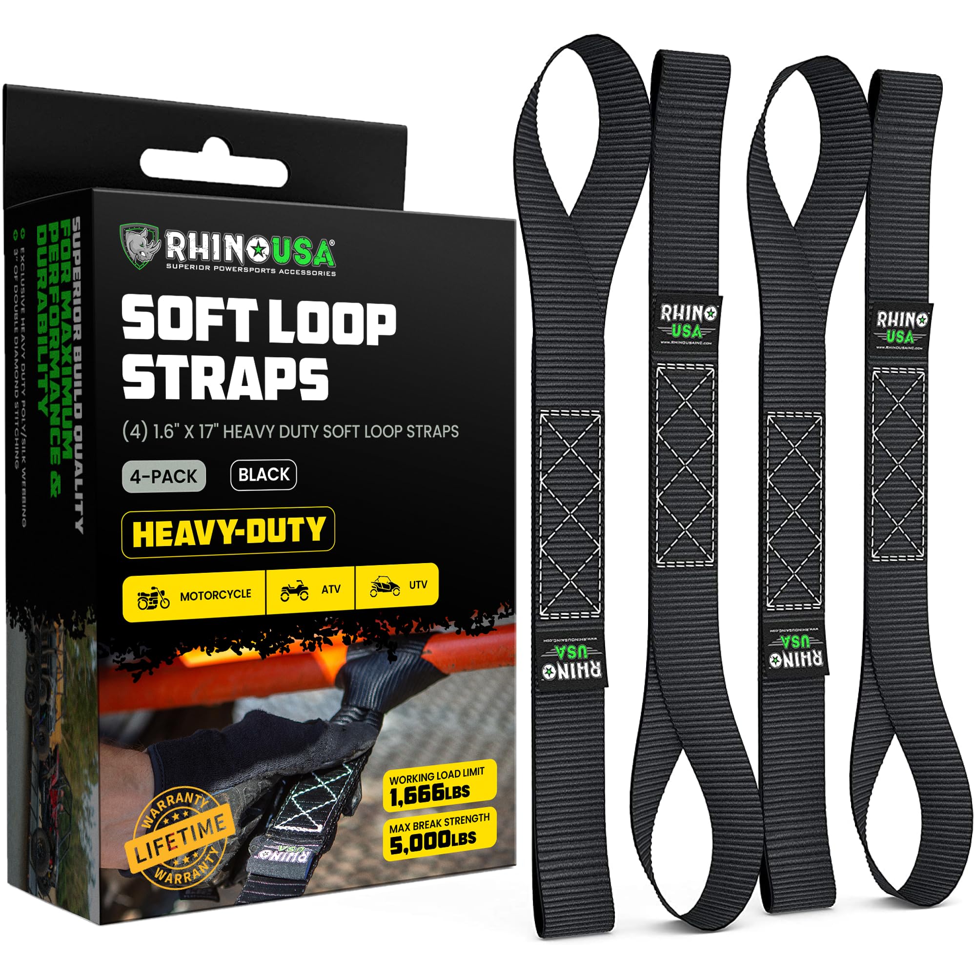 Rhino Usa Soft Loop Tie Down Straps (4-Pack) - 1.6 Inch X 17 Inch (5,000 Lbs Break Strength) Heavy Duty Motorcycle Straps For Use With Ratchet Straps - Handlebar Straps For Atv, Utv, Dirt Bike (Black)