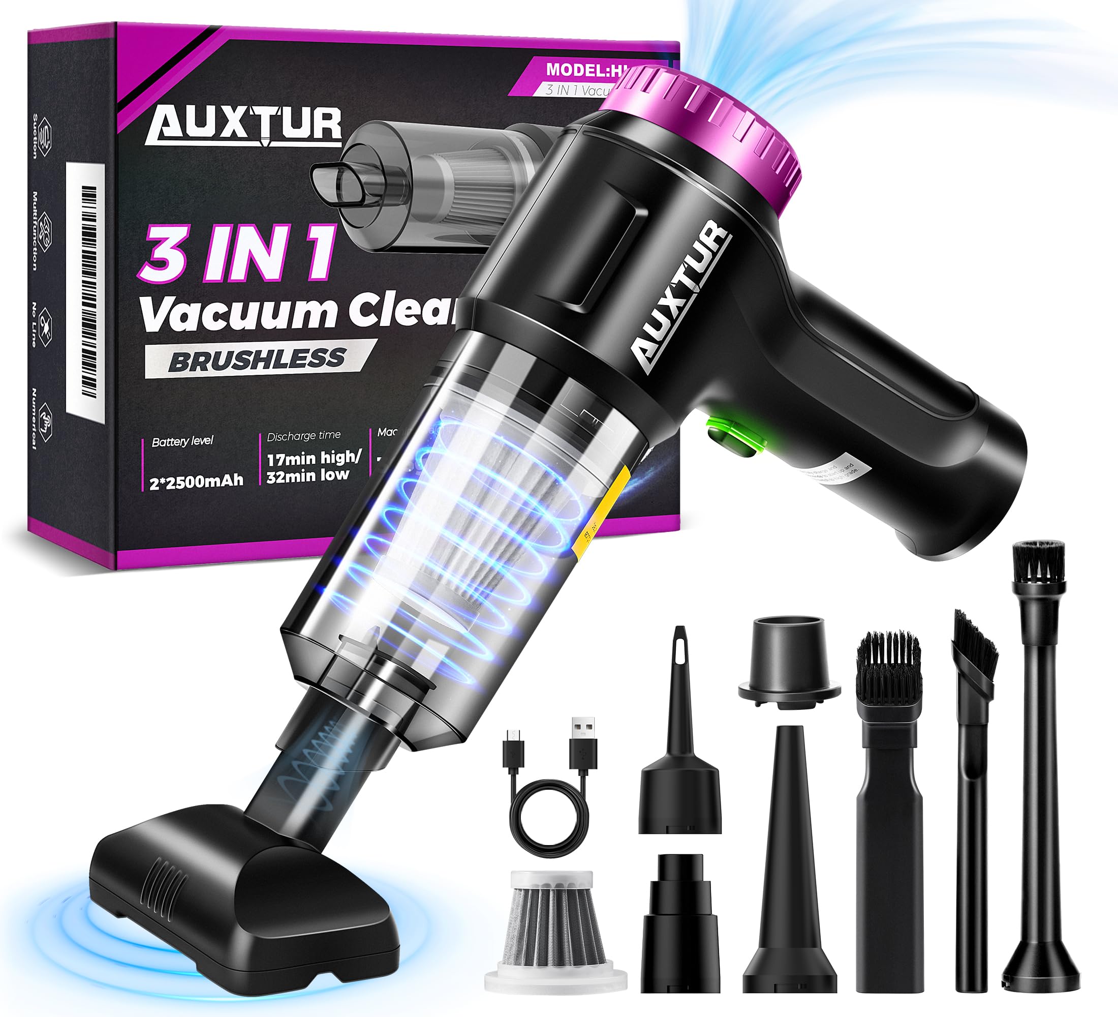 AUXTUR Handheld Vacuum Cordless-3 in 1 Car Vacuum Cleaner High Power-Brushless Motor 12000PA,Super Suction Power Vacuums-Cable-S