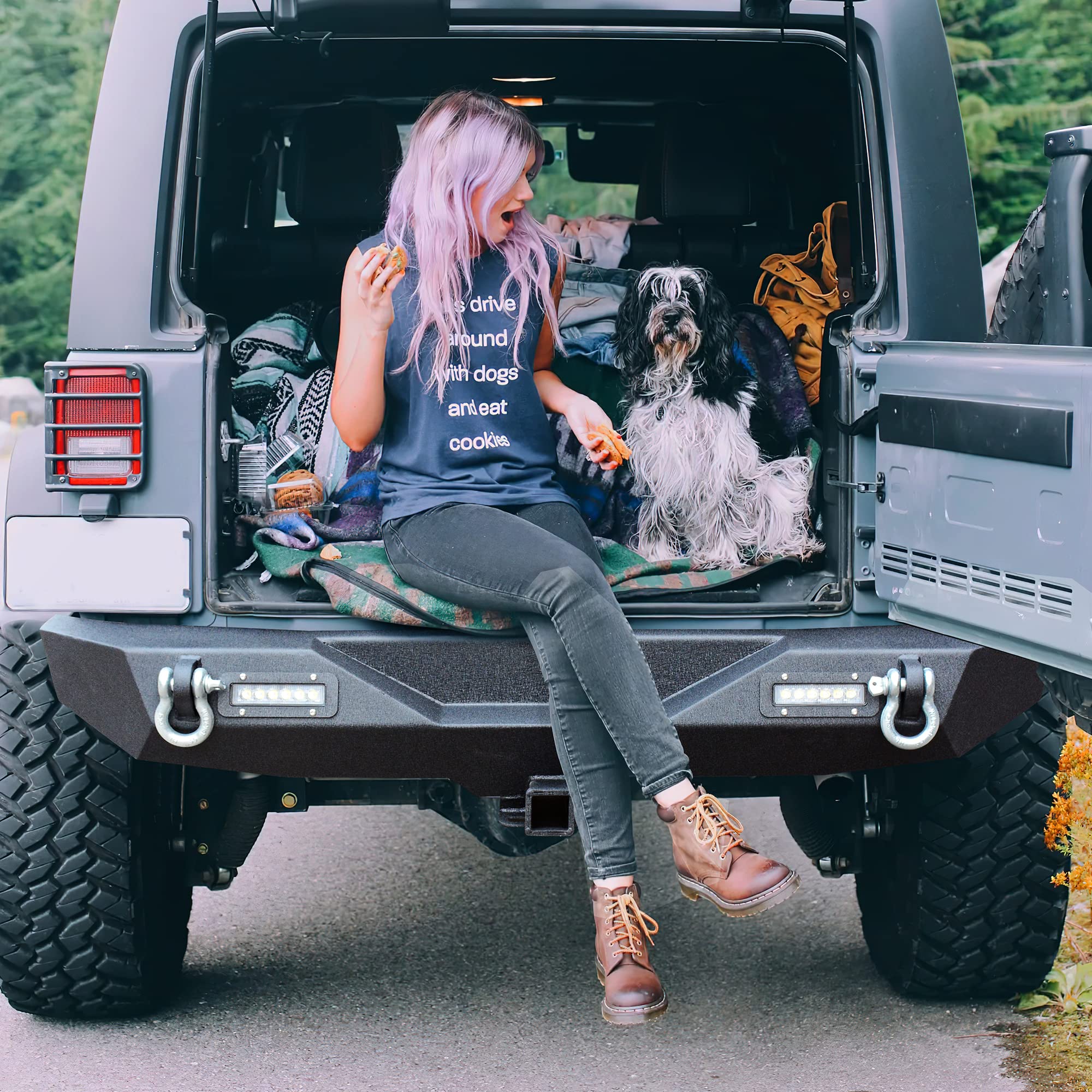 Ledkingdomus Rear Bumper Compatible With 07-18 Jeep Wrangler Jk And Jk Unlimited, Off Road Back Bumper W/ 2X Led Lights & 2'' Hi