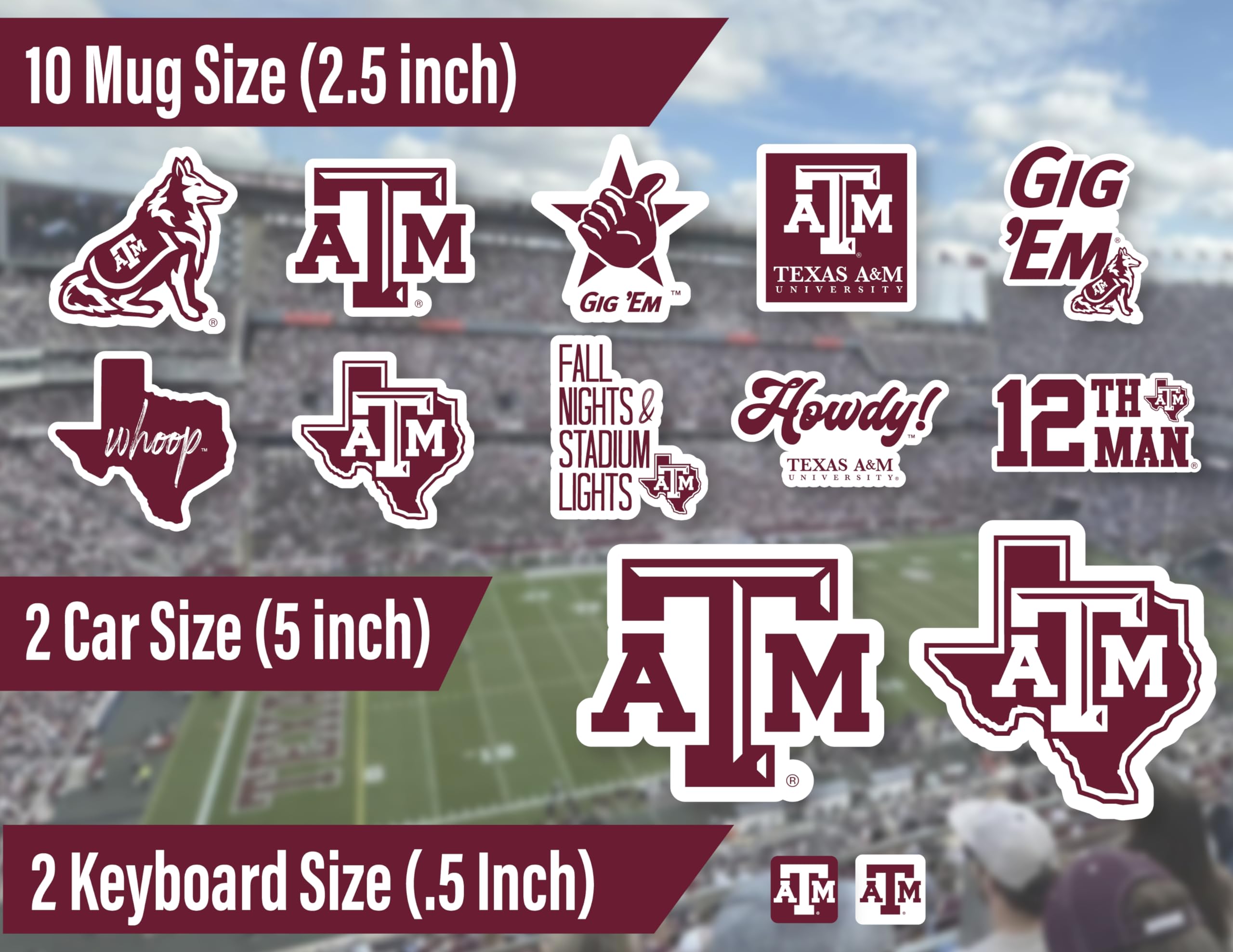 Texas A&M Stickers (14 Stickers) 2 Large 5'' For Car Windows 10 Medium 2.5'' For Water Bottles Laptops Phones And 2 Mini Keyboar