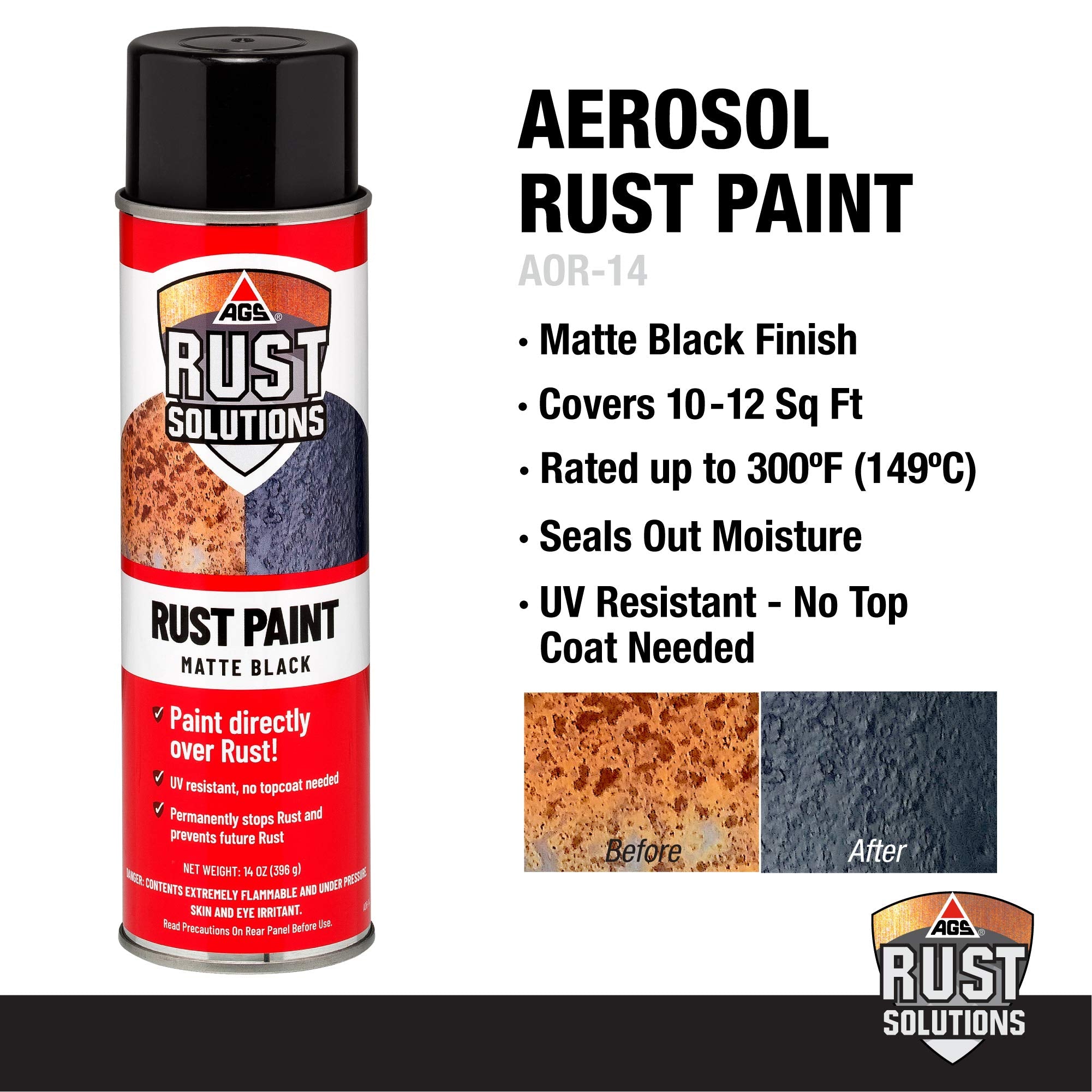 Ags Rust Solutions Rust Spray Paint, 14Oz, Durable Matte Black Finish, Safe For All Surfaces, Eradicate Rust And Ensure Long-Las
