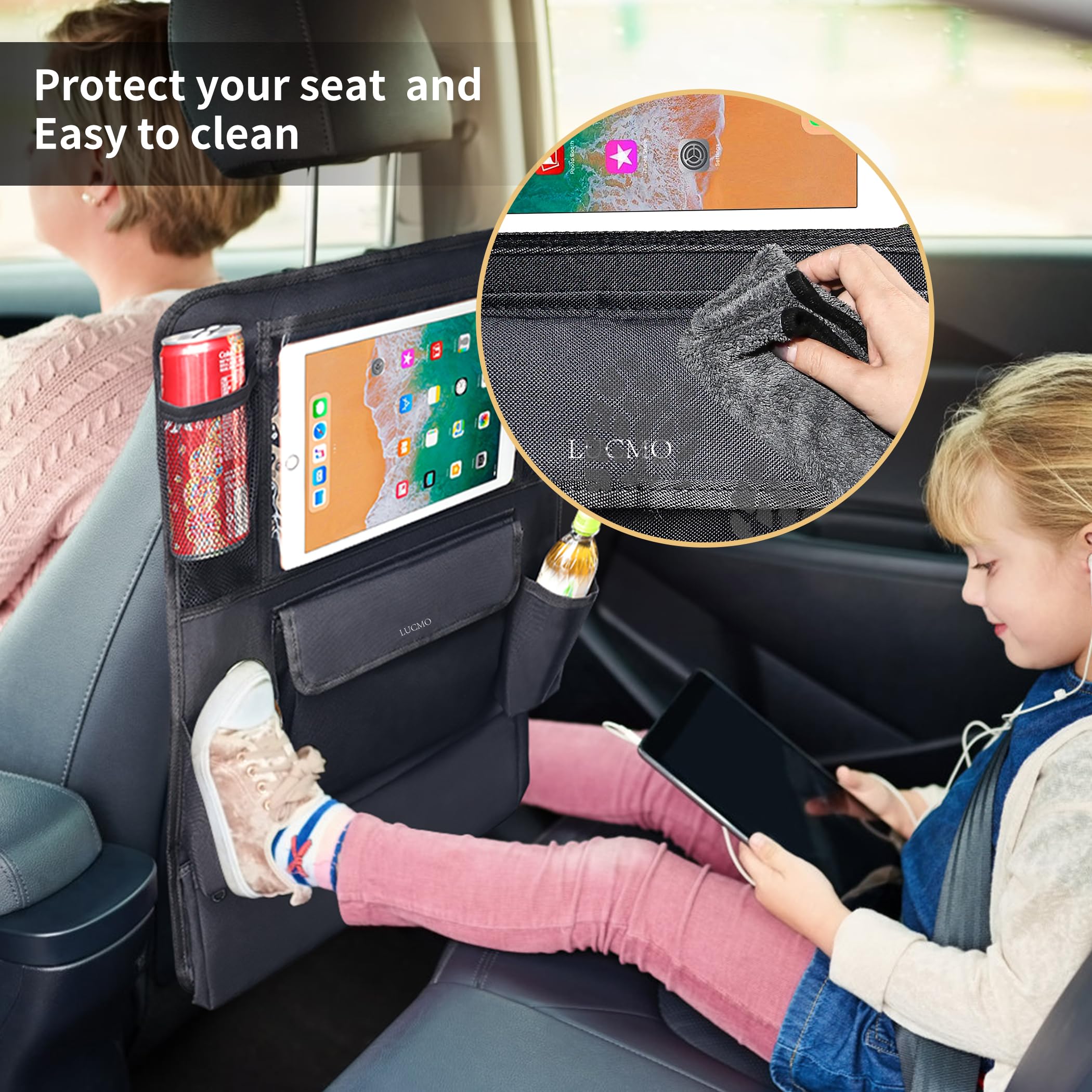 Lucmo Car Backseat Organizer With Touch Screen Tablet Holder,9 Storage Pockets Protectors Kick Mats Travel Accessories For Kids-