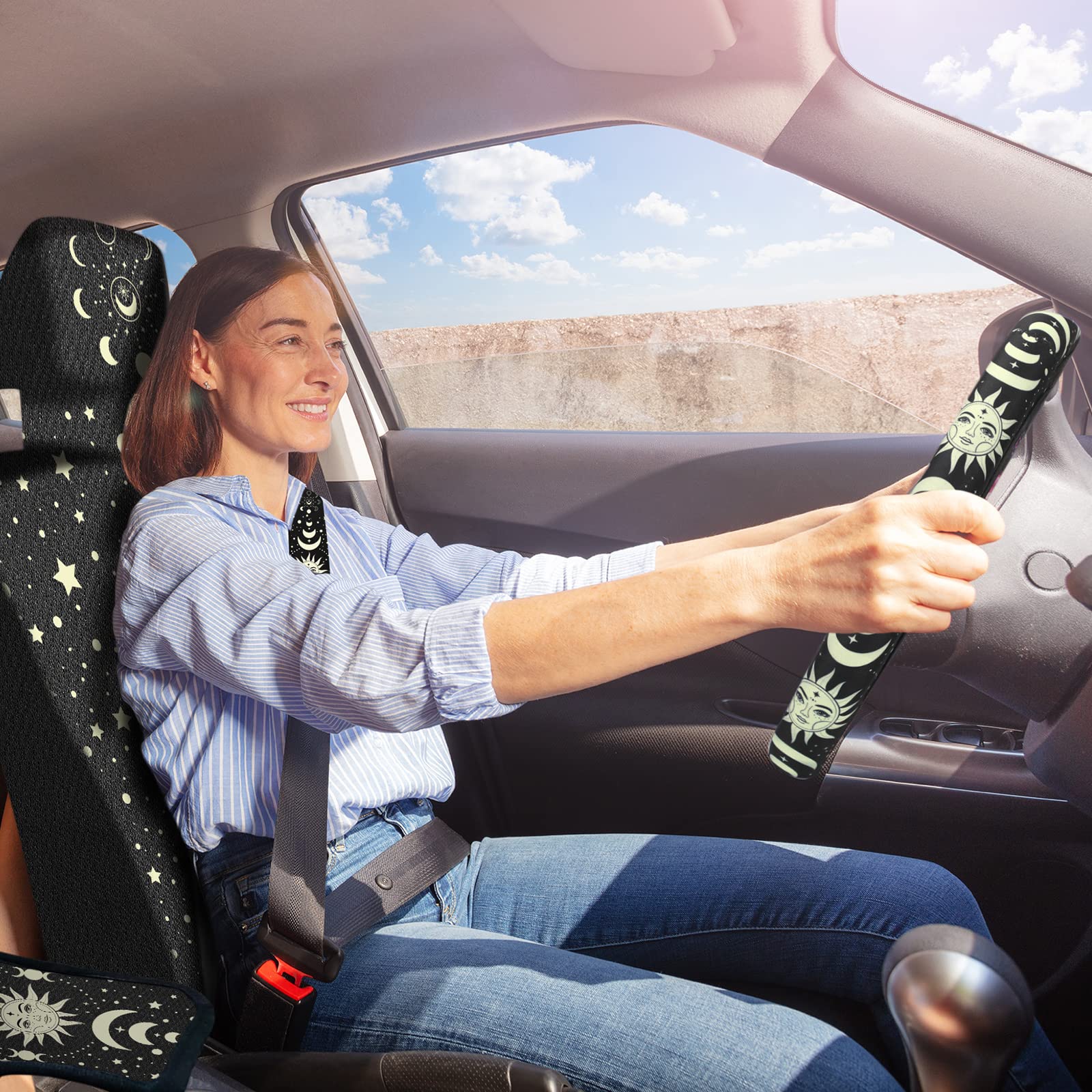 Fiada 10 Pcs Moon Star Car Seat Covers Full Set Car Accessories for Women Front Seat Cover Steering Wheel Armrest Cover Belt Cov