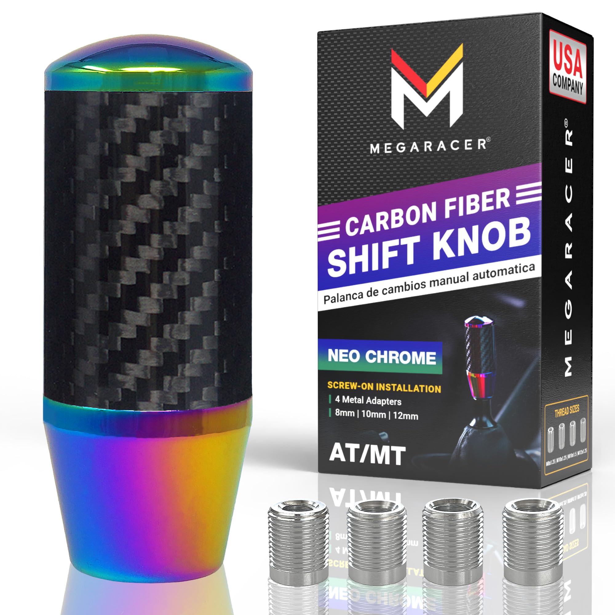 Mega Racer Neo Chrome Carbon Fiber Shift Knob | Buttonless Automatic Manual Shift Knobs | Car Gear Shifter | 6 Speed 4 5 Speed |