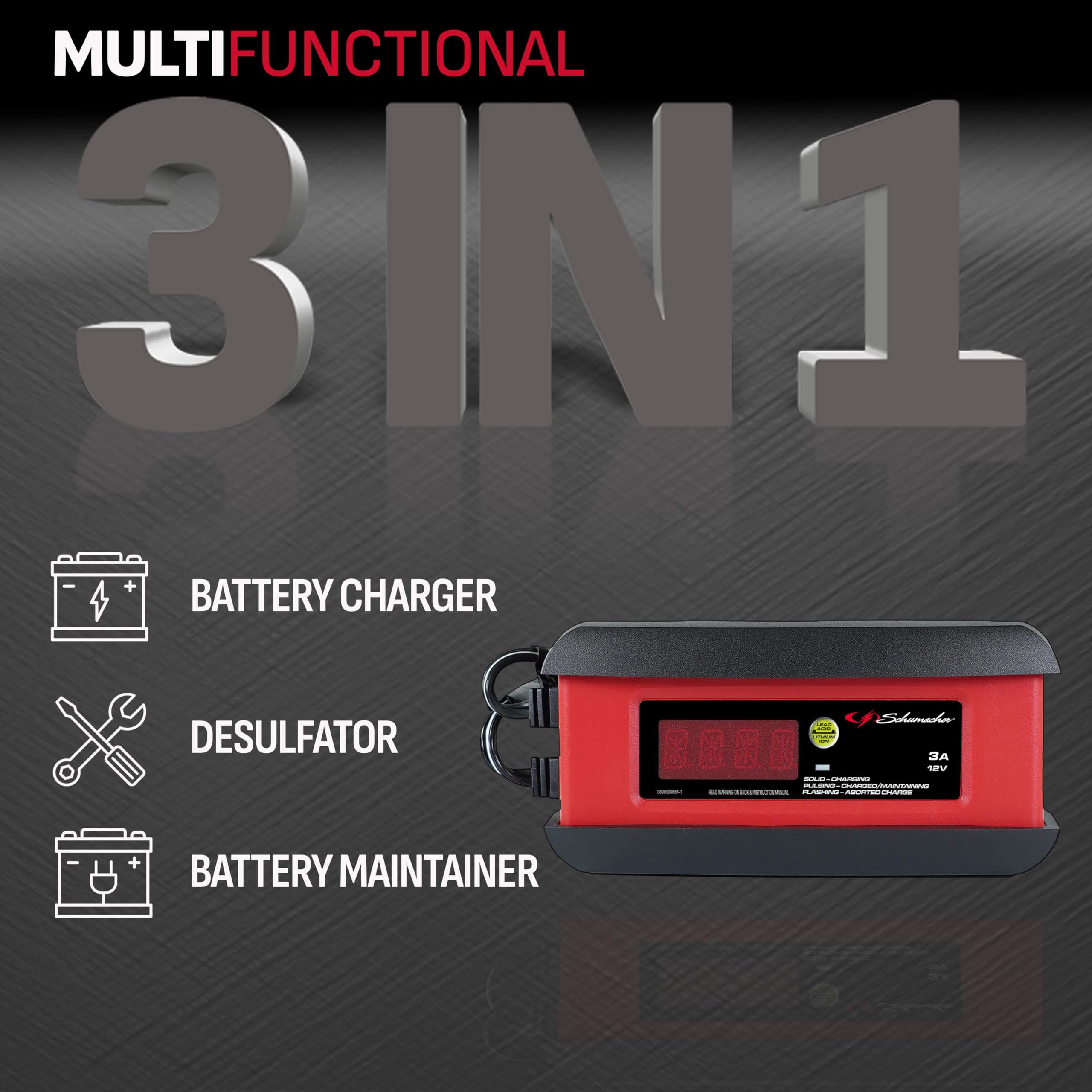 Schumacher Electric 3-in-1 Battery Charger, Maintainer, and Auto Desulfator, SP1297 Fully Automatic - 3 Amp, 12 Volt - For Cars, Motorcycles, Lawn Tractors, Power Sports, Marine Batteries