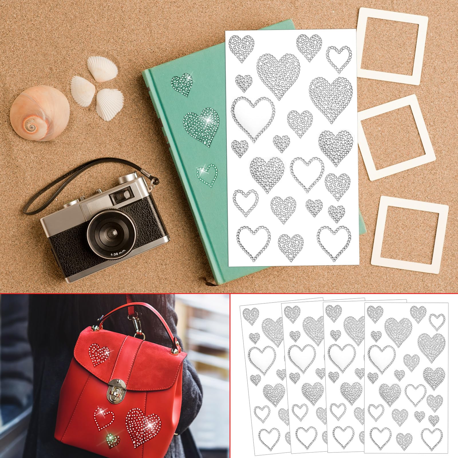 Epakh 84 Pcs Valentine Rhinestone Heart Stickers Glitter Bling Heart Crystal Silver Self Adhesive Sticker For Holiday Decal Deco