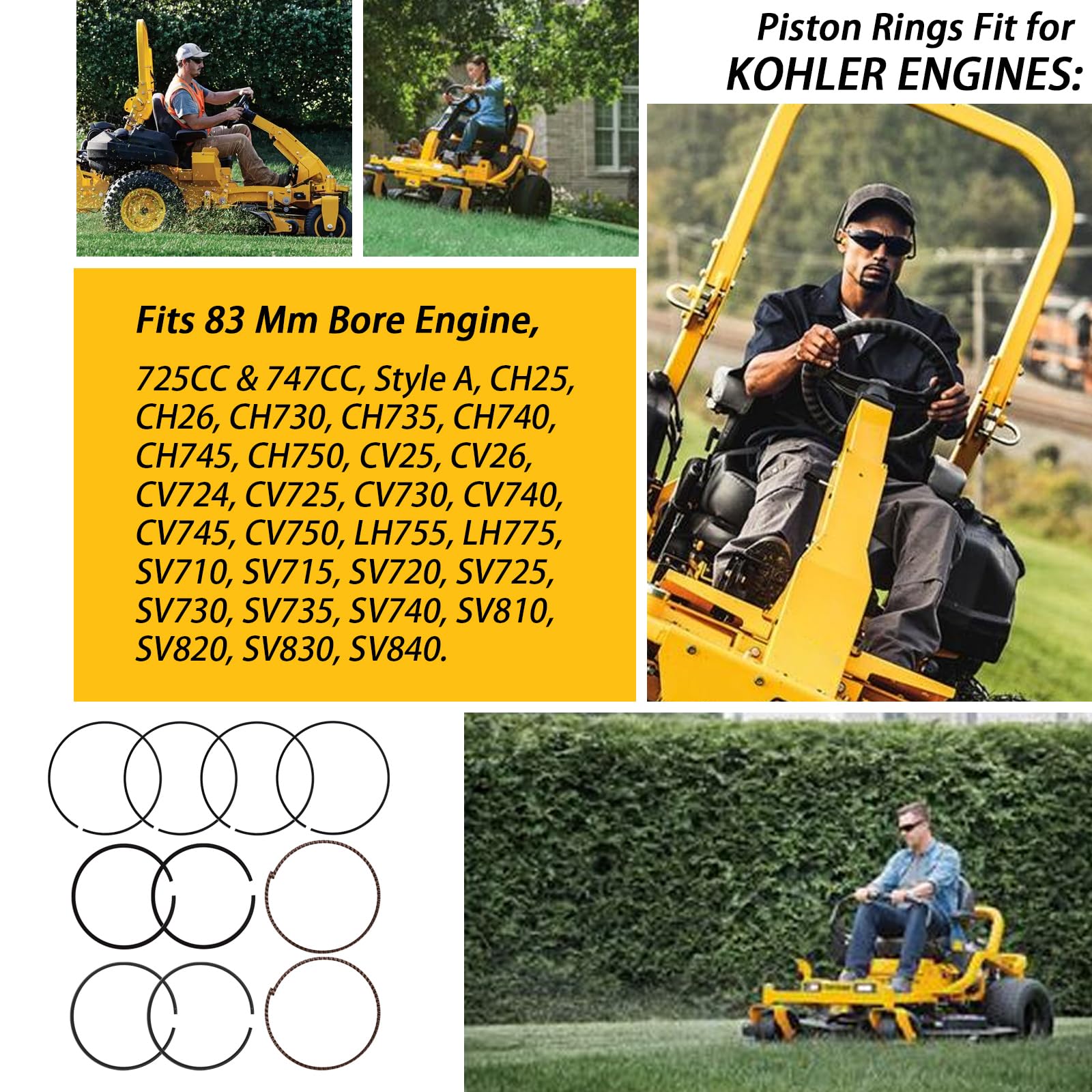 2 Sets of Piston Rings(24-108-05, 24-108-14, 24-108-14-S) Compatible with Kohler Engines 725CC & 747CC Ch25, Ch26, Ch730, Ch735,