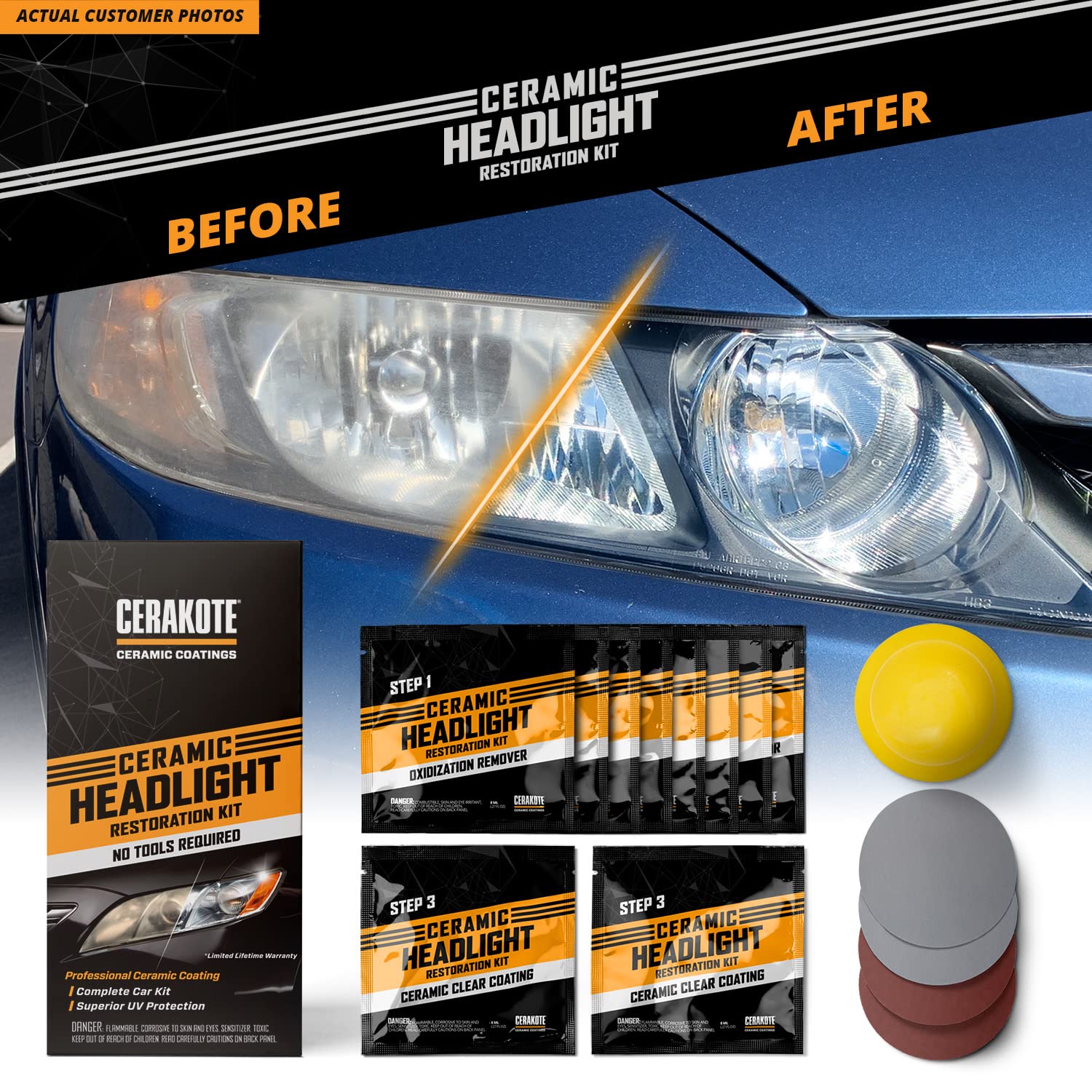 Cerakote® Ceramic Headlight Restoration Kit - Guaranteed To Last As Long As You Own Your Vehicle - Brings Headlights Back To Like New Condition - 3 Easy Steps - No Power Tools Required