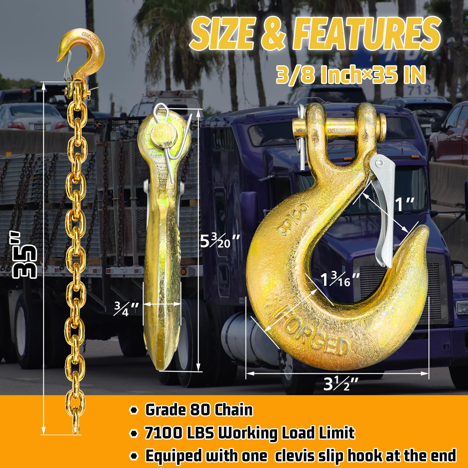3/8'' Trailer Safety Chains G80 Trailer Chains Tow Chains With G70 Clevis Safety Hooks 35'' Length 27000 Lbs Break Strength 7100