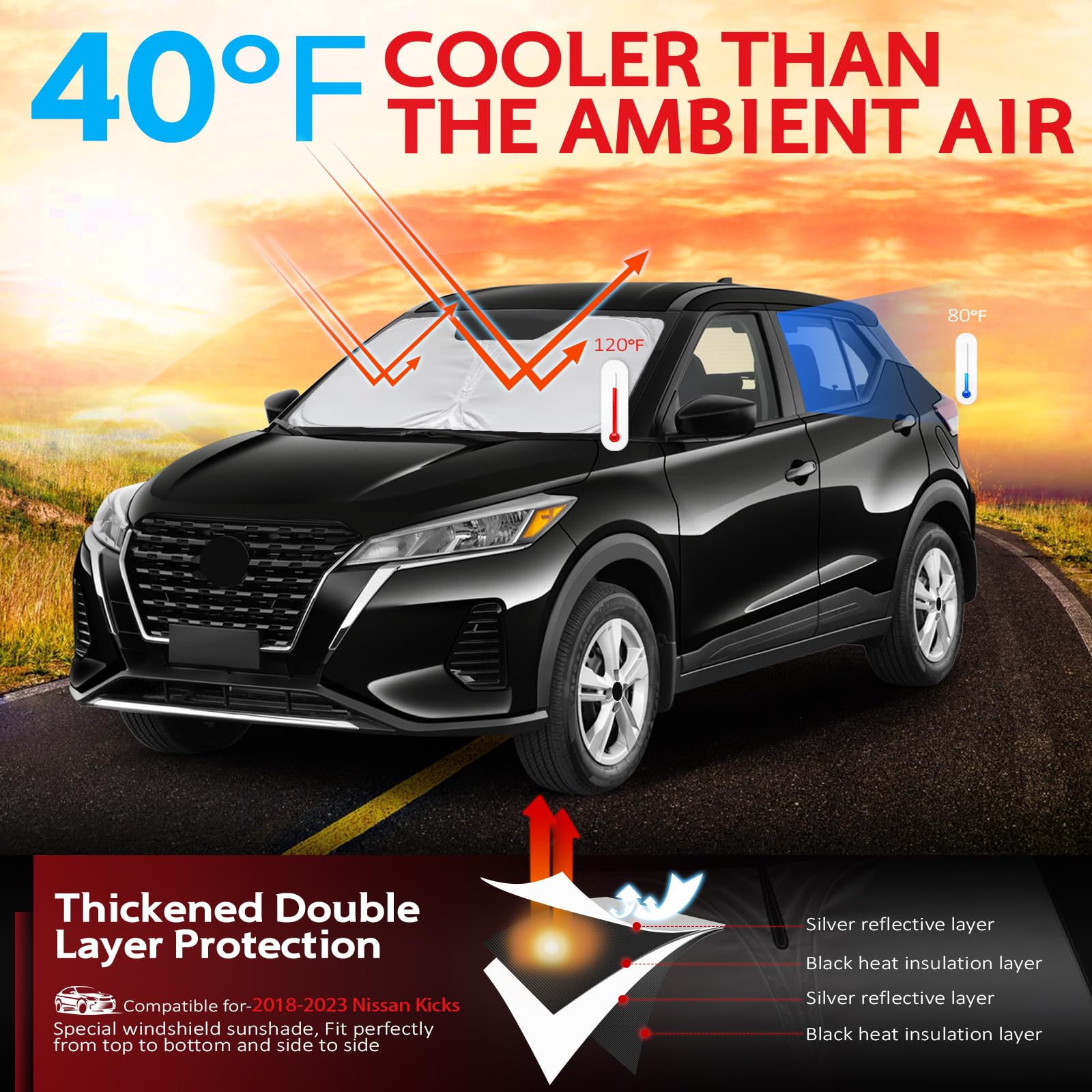 Kayzt Windshield Sun Shade For 2018-2024 Nissan Kicks Foldable Sunshade Front Window Custom Fit Car Accessories