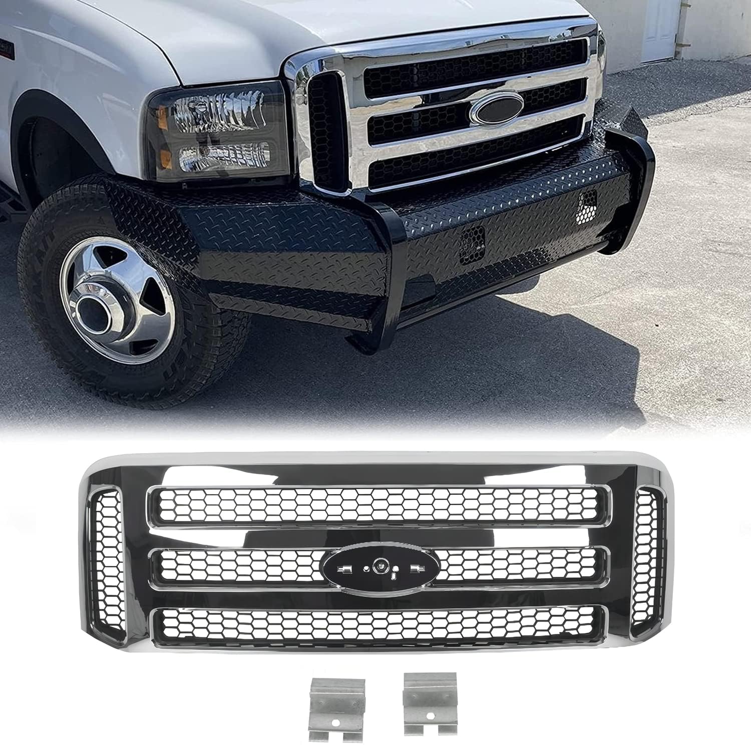 HECASA Mesh Style Front Grille Compatible with Ford 1999-2004 F250 F350 Super Duty 2000-2004 Excursion Grill Chrome Silver 2006 