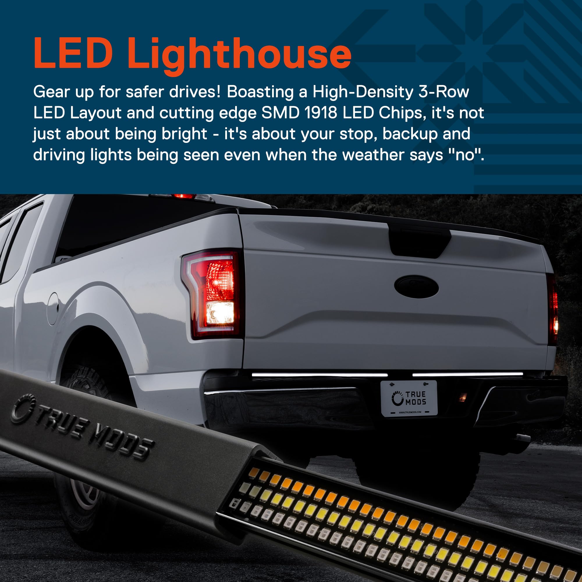 True Mods 49 Inch Smoked Triple 3 Row Led Tailgate Light Bar Strip For Pickup Truck Trailer Vehicle [Rigid Aluminum] Amber Seque