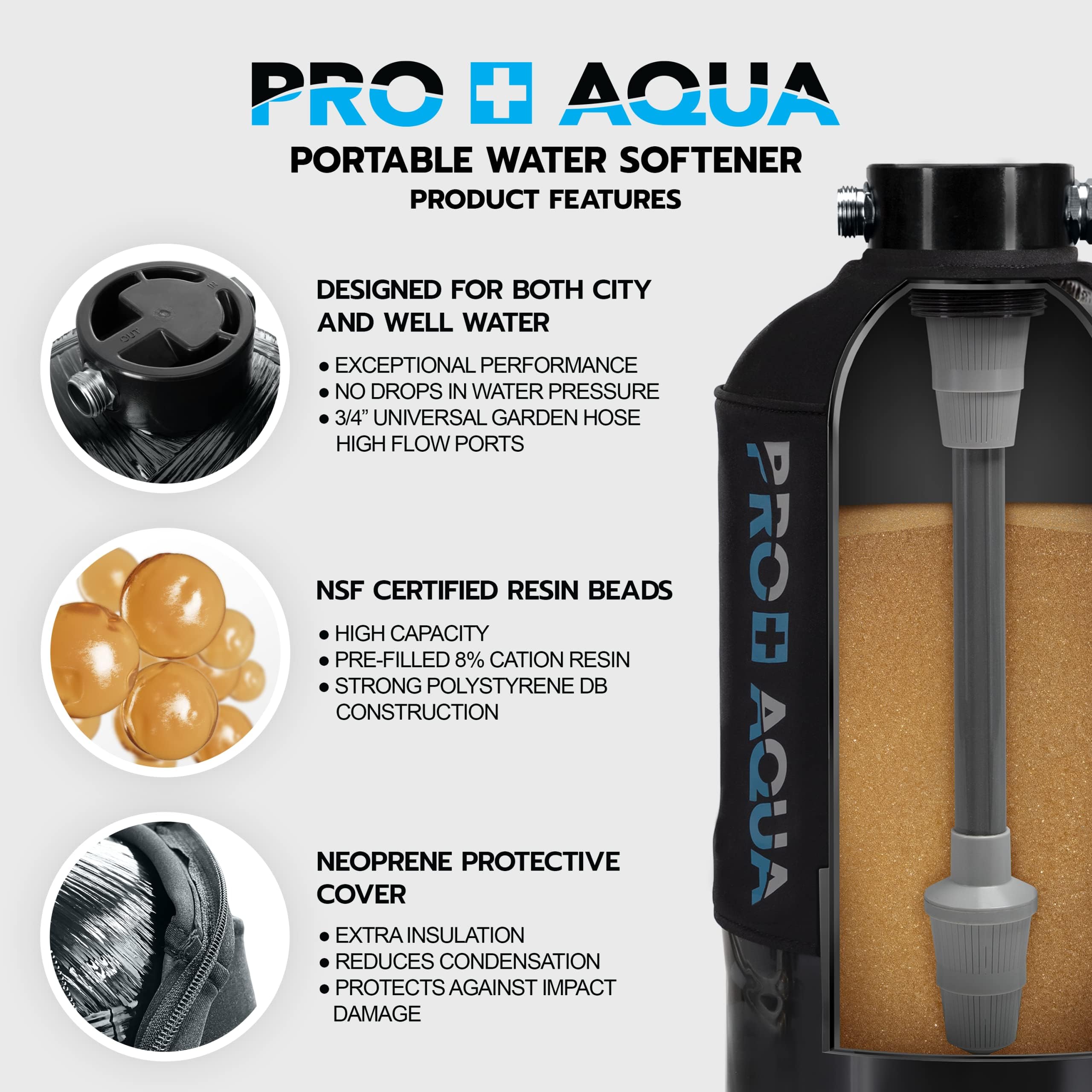 Pro+Aqua Portable Rv Water Softener 16,000 Grains And Filtration System Bundle, Filter And Soften Hard Water For Rv Trailers Van