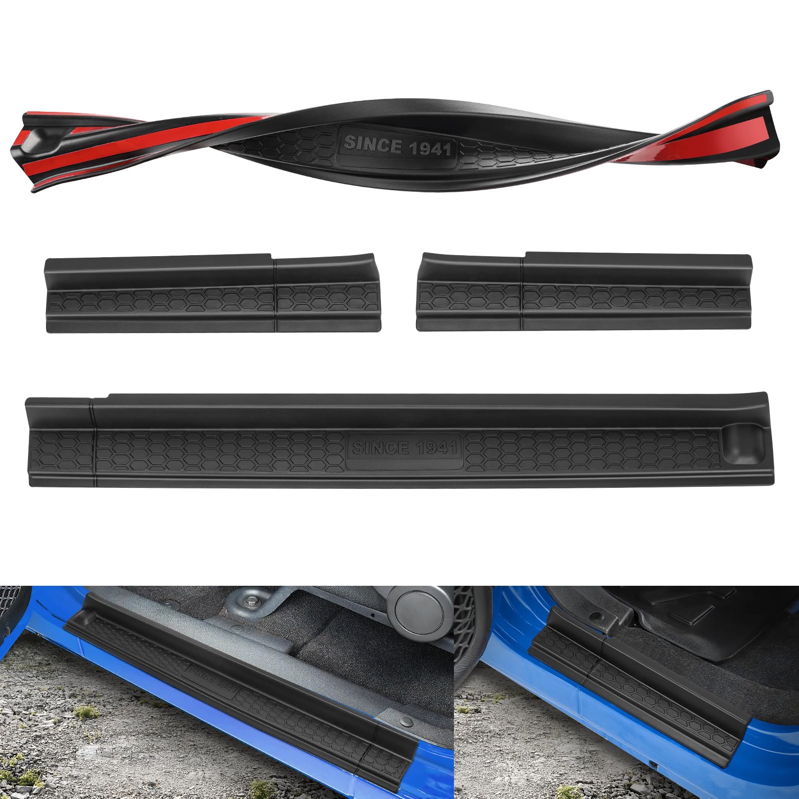 SUPAREE Door Sill Guards with Logo 1941 fits Jeep Wrangler JKU 4-Door 2007-2018, Black Rubber All Terrain Door Entry Guards Thre