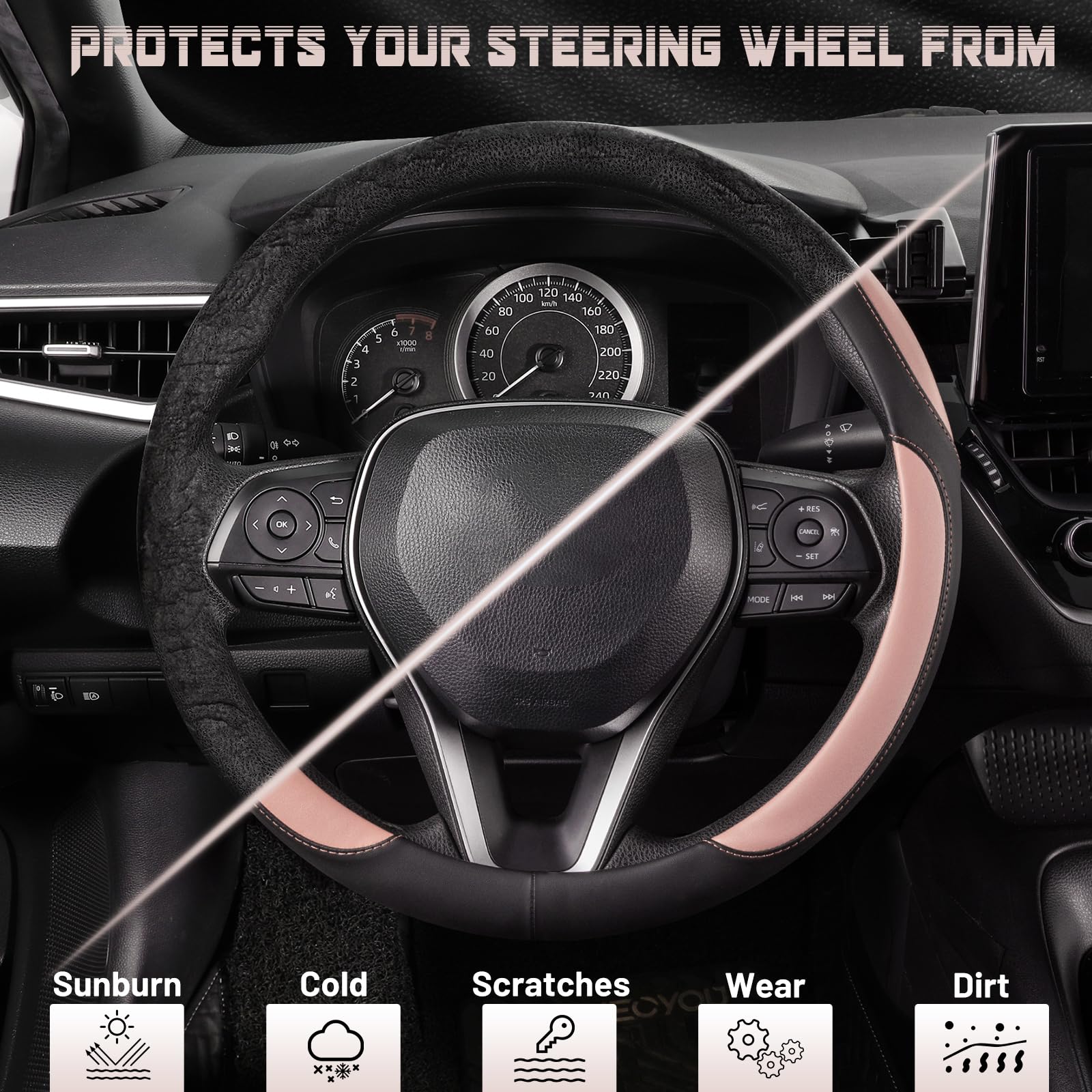 SEG Direct Car Steering Wheel Cover for Women Men, Standard Size 14.5-15 inch (37-39 cm), Auto Interior Accessories, Black and P