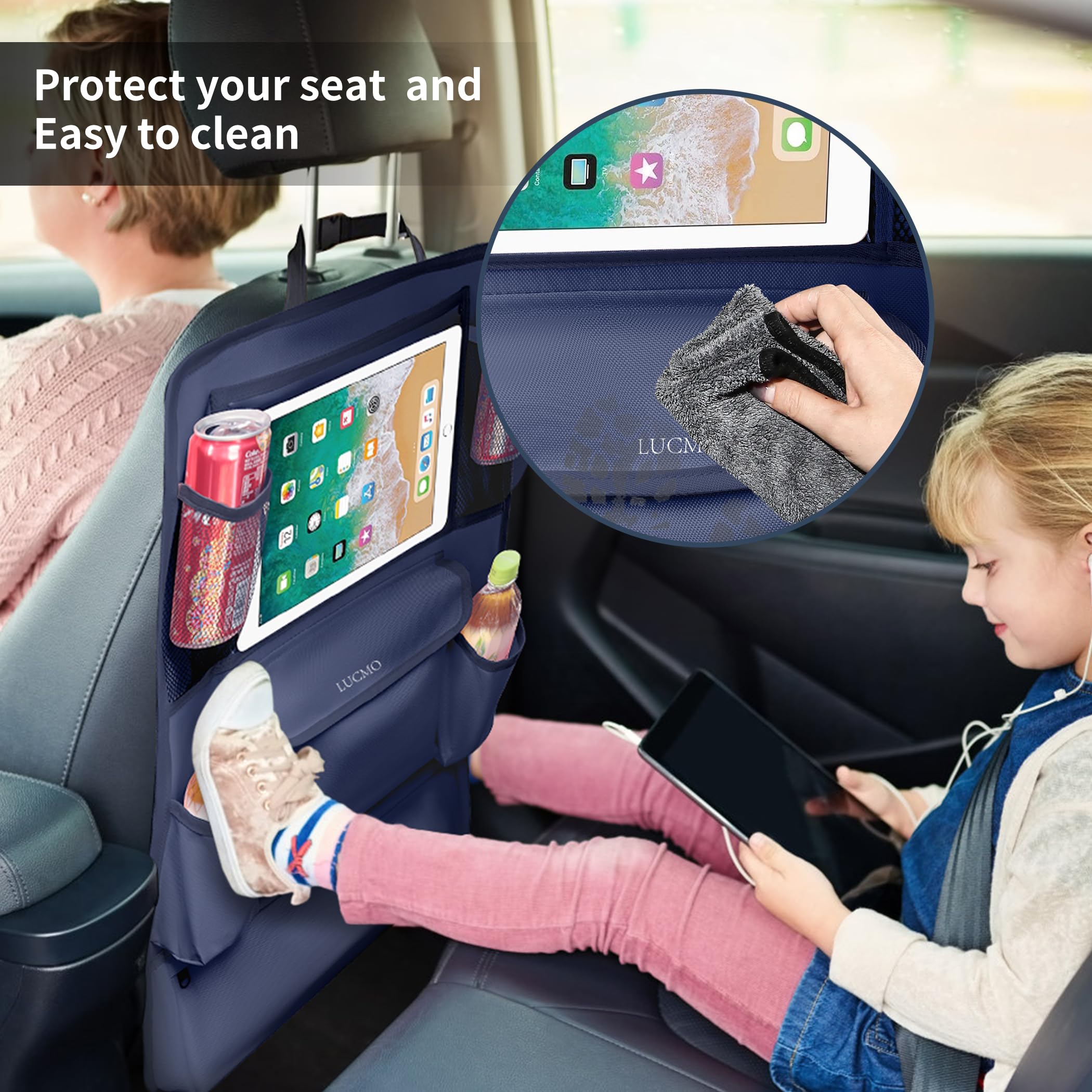Lucmo Car Backseat Organizer With Touch Screen Tablet Holder,9 Storage Pockets Car Storage Organizer,Protectors Kick Mats Travel