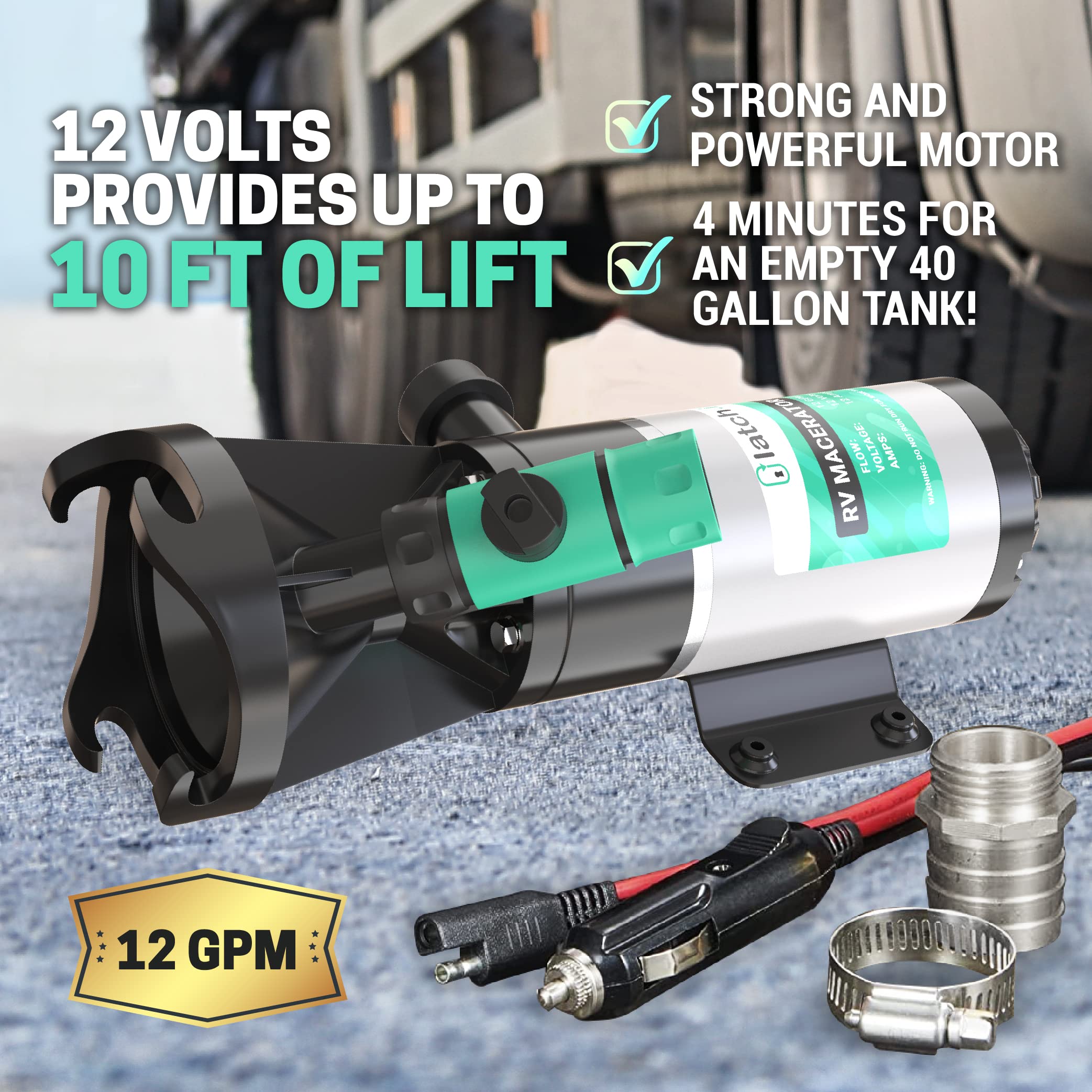 Latch.It Rv Macerator Pump 12V | 12Gpm Macerator Pump For Rv V2.0 | Rv Waste Pump Macerator W/Quick-Release Fittings, Hoses & Cl
