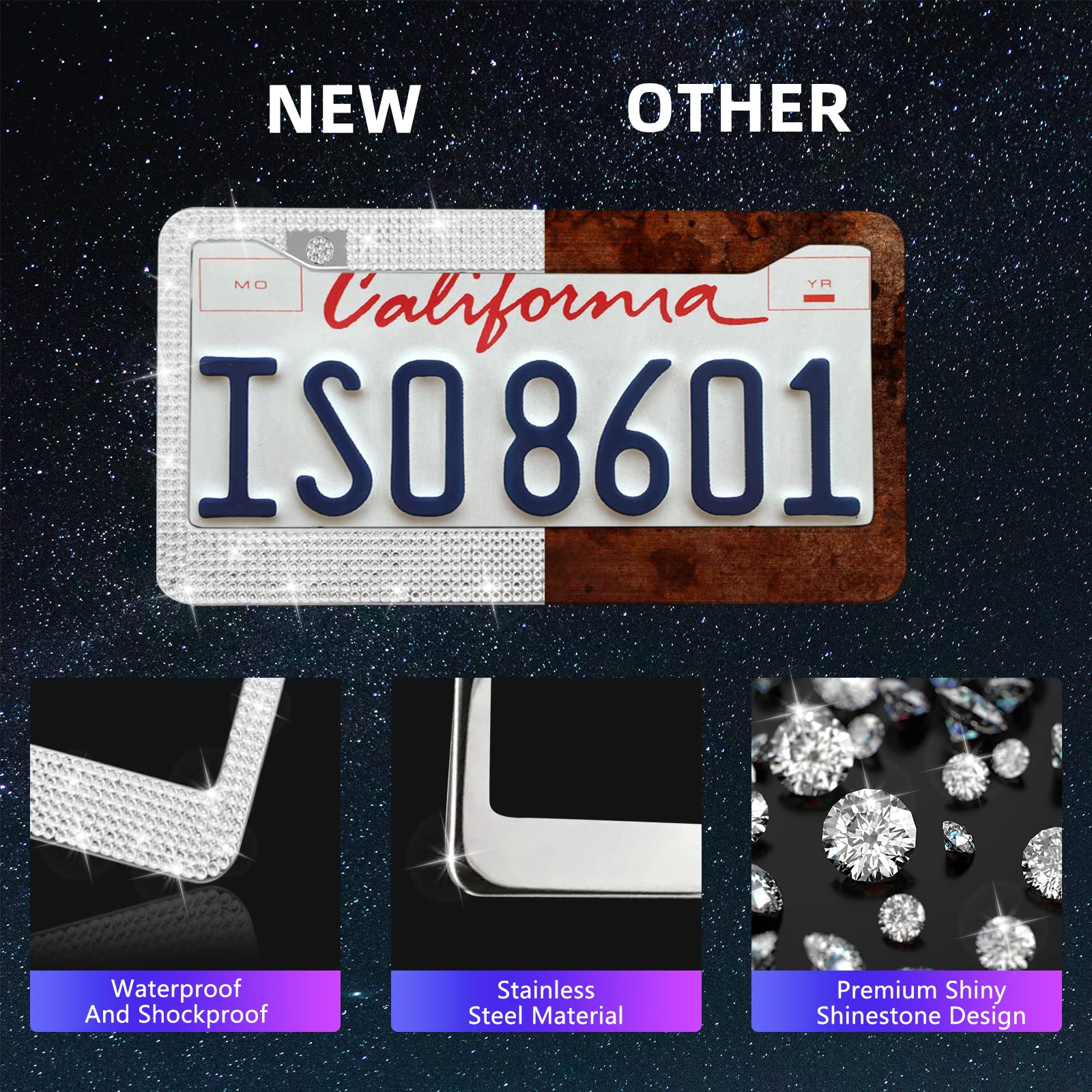 Jingsen 25Pcs Bling Car Parts Set, Car Parts Set Female Plug Universal 15 Inch, Shiny License Plate Frame, Center Console Cover