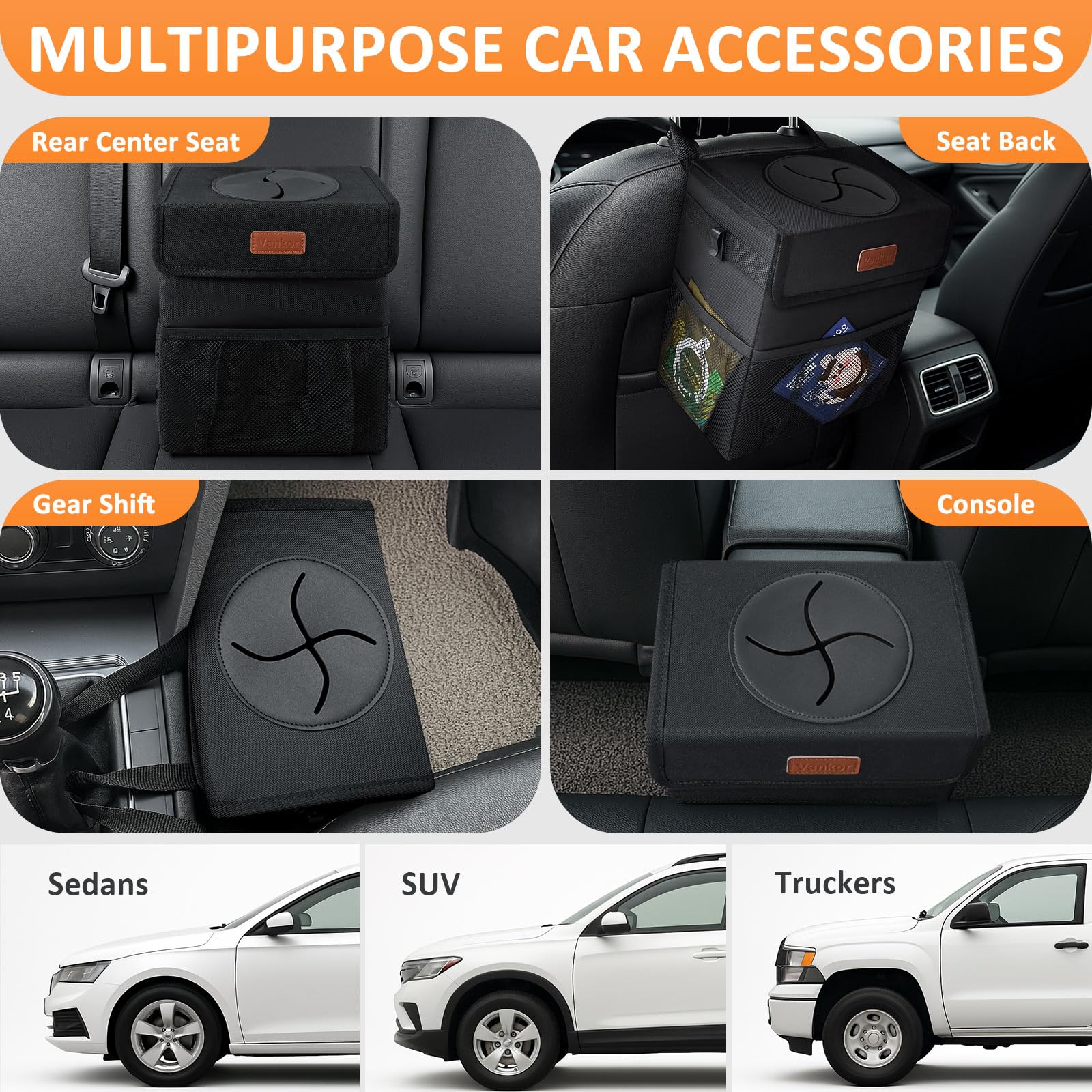 Vankor 3 Gallons Car Trash Can With Lid, Bag Bin Hanging Waterproof Automotive Car Garbage Cans Leak Proof Vehicle Trash Can Bla