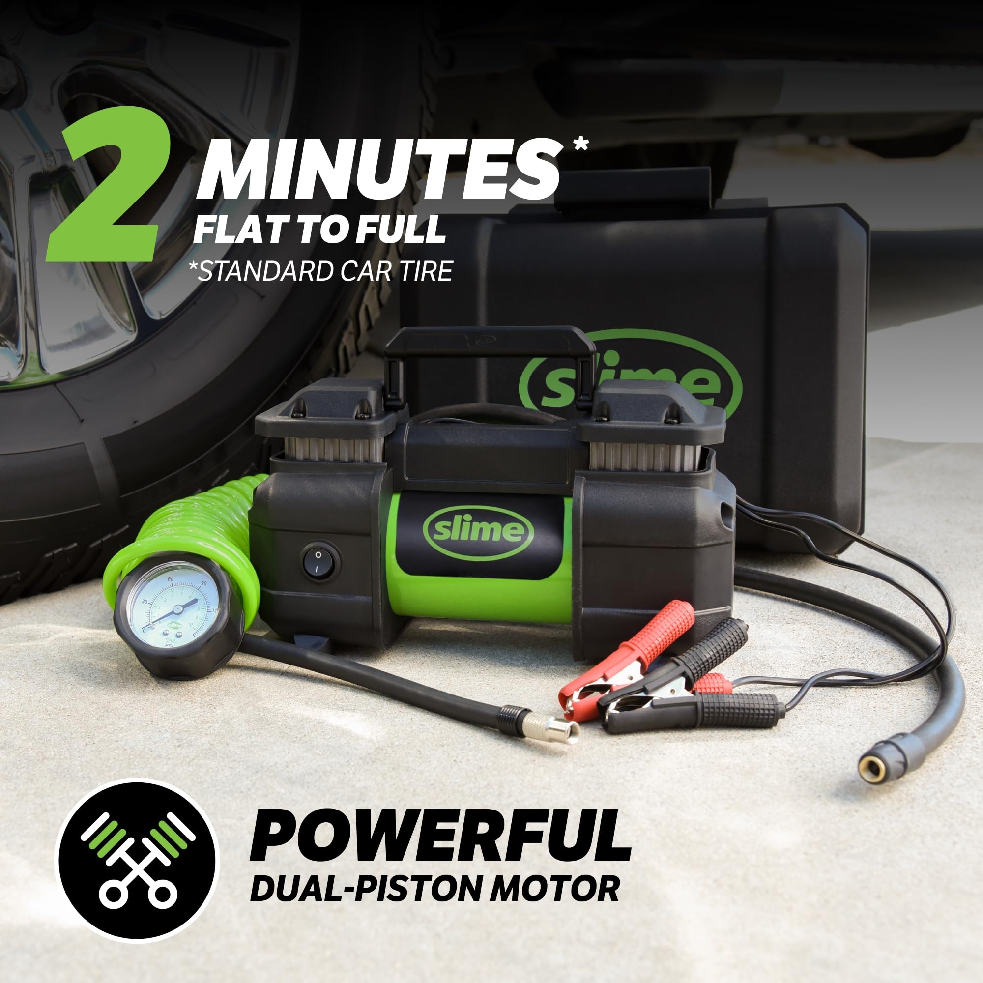 Slime 40026 Tire Inflator, Portable Car, SUV, 4x4 Air Compressor, Heavy Duty, 2x Pro Power, Heavy Duty, with Analog 150 psi Dial Gauge