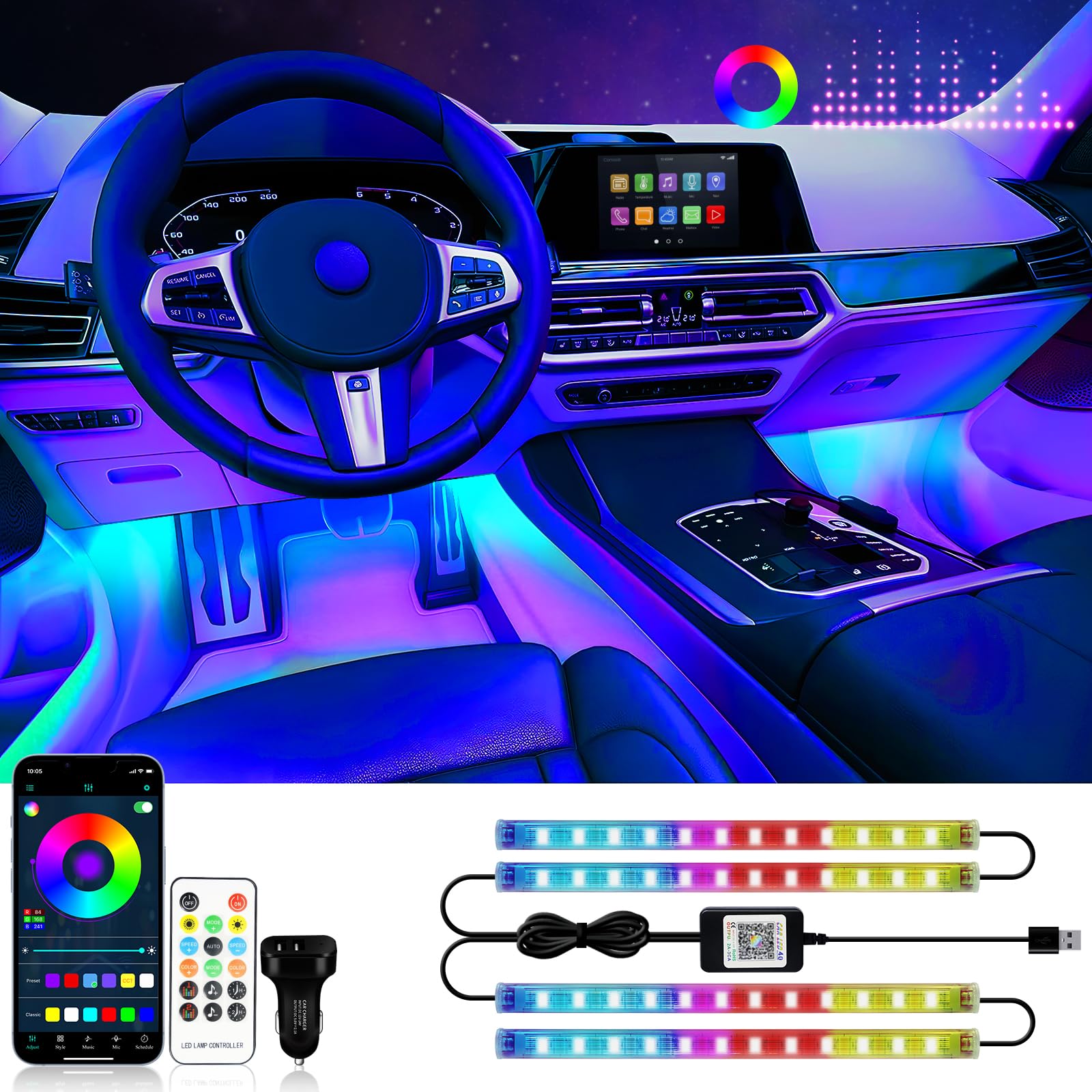 Rgb Interior Car Strip Lights With Smart App Control, Music Sync Under Dash Footwell Neon Internal Lighting Kit 2 Lines Design,1