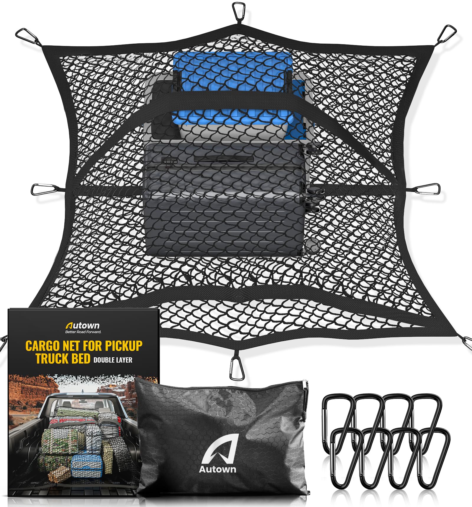 Autown Cargo Net For Pickup Truck Bed - Stretchable 4'X4' To 7'X7', High Elastic Fine Mesh 1''X1'' With 8 Metal Carabiners - Ide