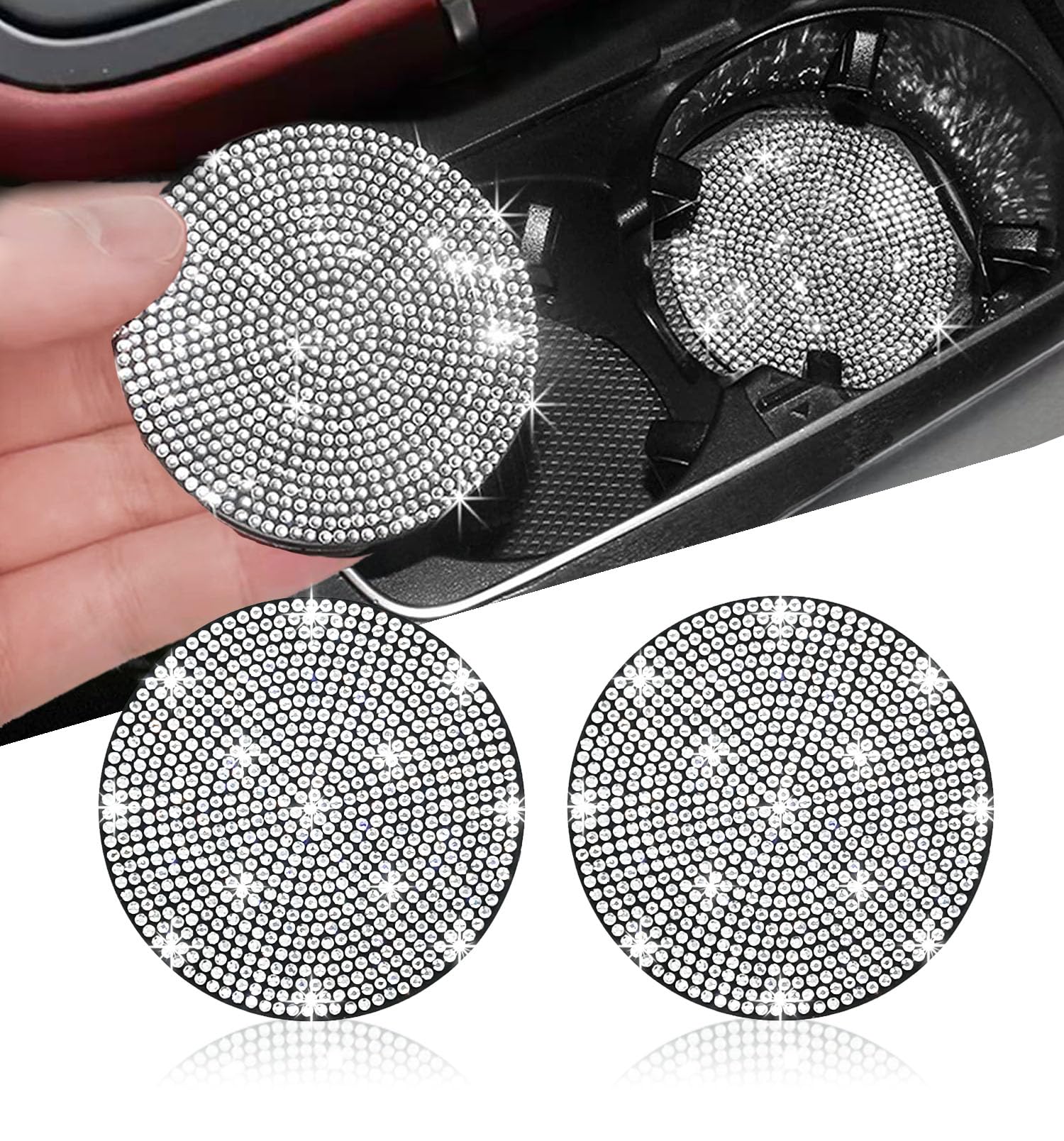 Nbtepem 2Pcs Bling Car Cup Holder Coaster, 2.75 Inch Anti-Slip Shockproof Universal Fashion Coasters Insert Crystal Rhinestone Automotive Interior Accessories For Women (2 Pcs, White)