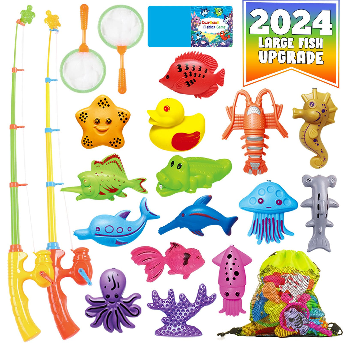 Cozybomb Magnetic Fishing Toys Game Set For Kids | Water Table Bathtub Kiddie Pool Party With Pole Rod Net, Plastic Floating Fis