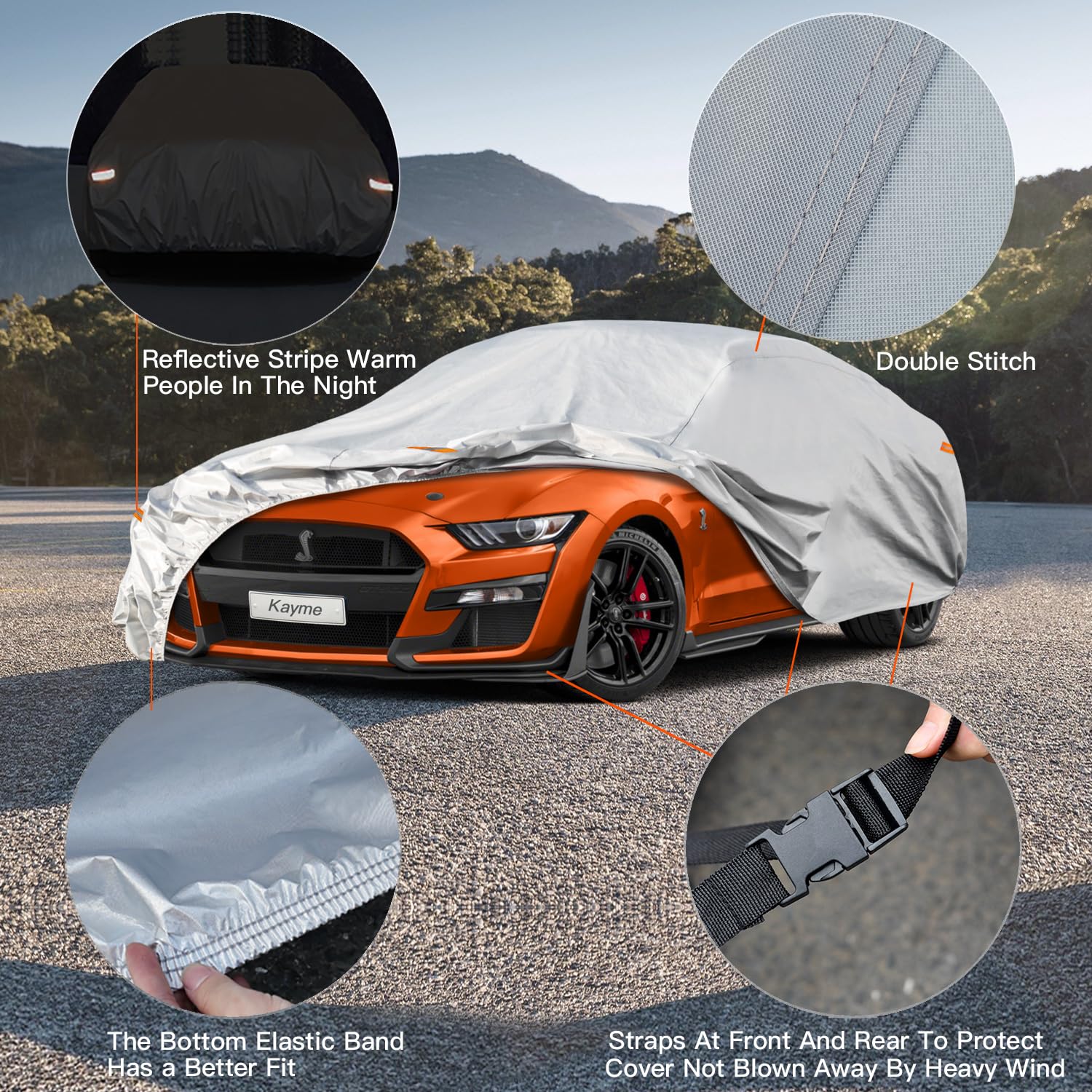 Kayme 6 Layers Car Cover Waterproof All Weather For Automobiles, Outdoor Full Cover Sun Uv Snow Protection, Universal Fit For Fo