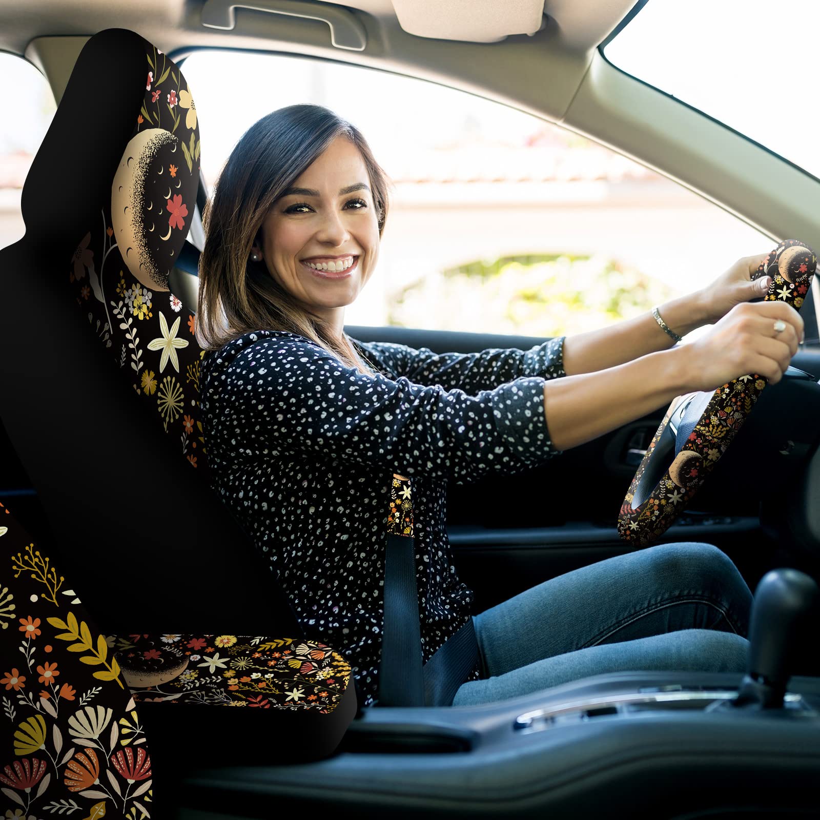 Fiada 15 Pcs Car Seat Covers Full Set Car Accessories Set Steering Wheel Cover Armrest Handbrake Gear Shift Knob Headrest Access