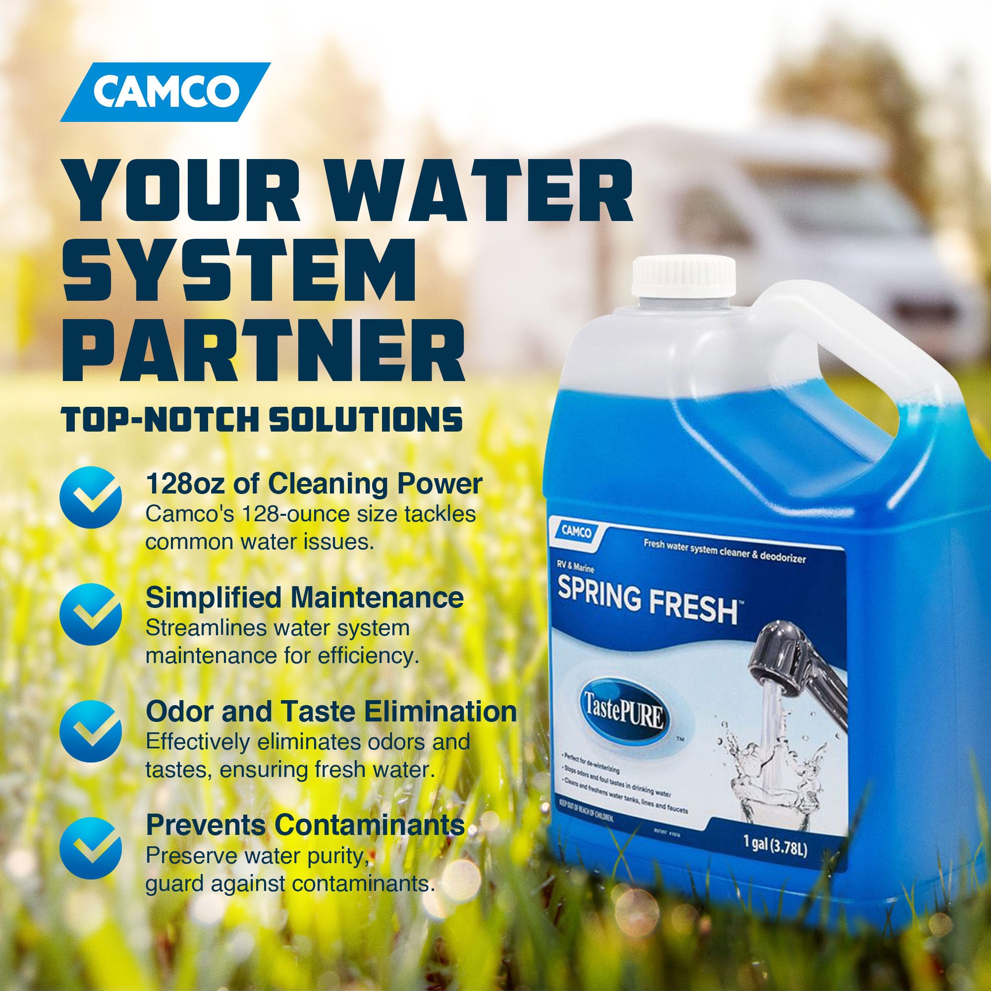 Camco TastePURE Spring Fresh Water System Cleaner and Deodorizer for RV and Marine | Cleans and Freshens Water Lines | Great for Dewinterizing - 1 Gallon (40207)