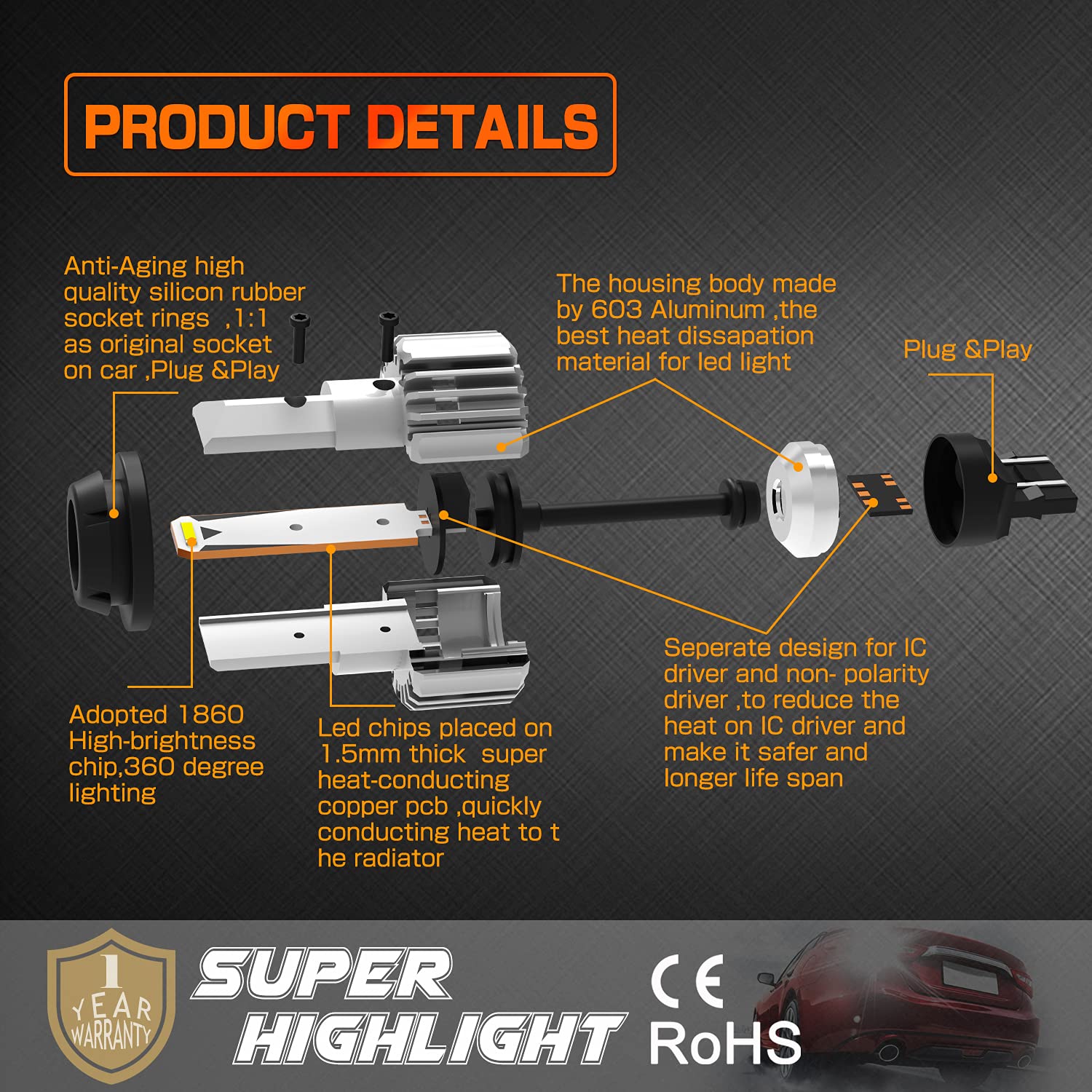 Kimlatar 7443 Led Bulbs Reverse Lights Back Up Lights Canbus Error Free 4000Lumens Csp 6-Smd Upgraded 6500K High Brightness 7440 7441 7444 Led Reverse Lights(Pack Of 2)