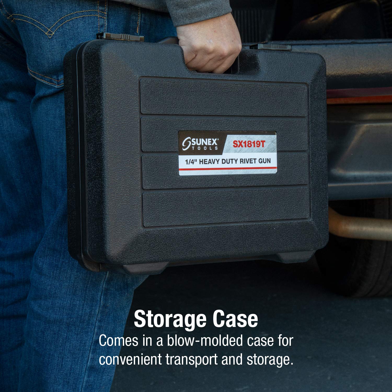 Sunex Tools Sx1819T, Heavy Duty Rivet Gun, Sets 3/16” And ¼” Rivets, 3690 Lbs Traction Power, Nose Pieces Included, Forged Aluminum Handle, Storage Case