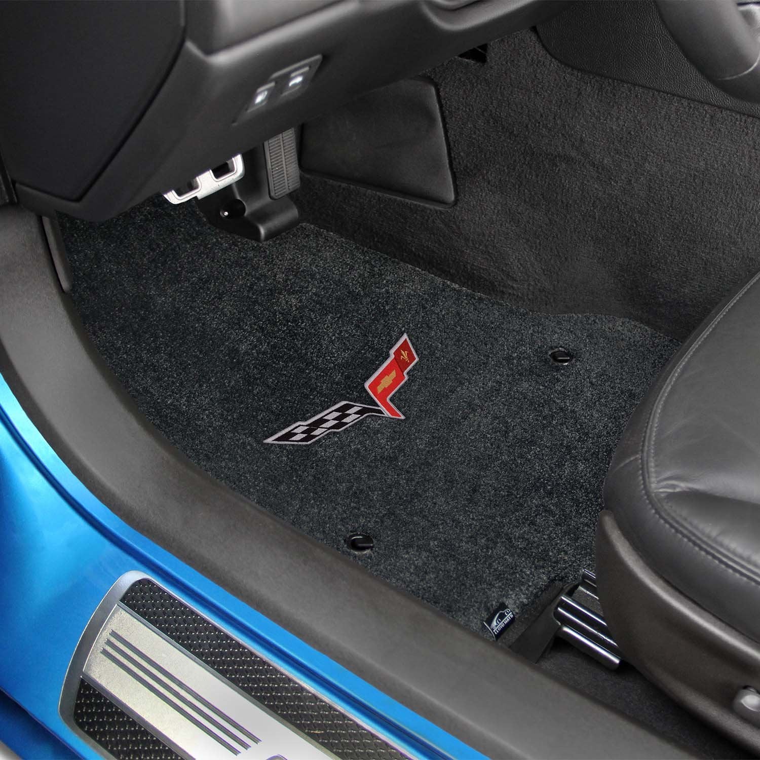 Fits 2007.5-2013 C6 Corvette Driver & Passenger Floor Mats Set; Black / Ebony Velourtex Fabric With Crossed Flags Logo Embroider
