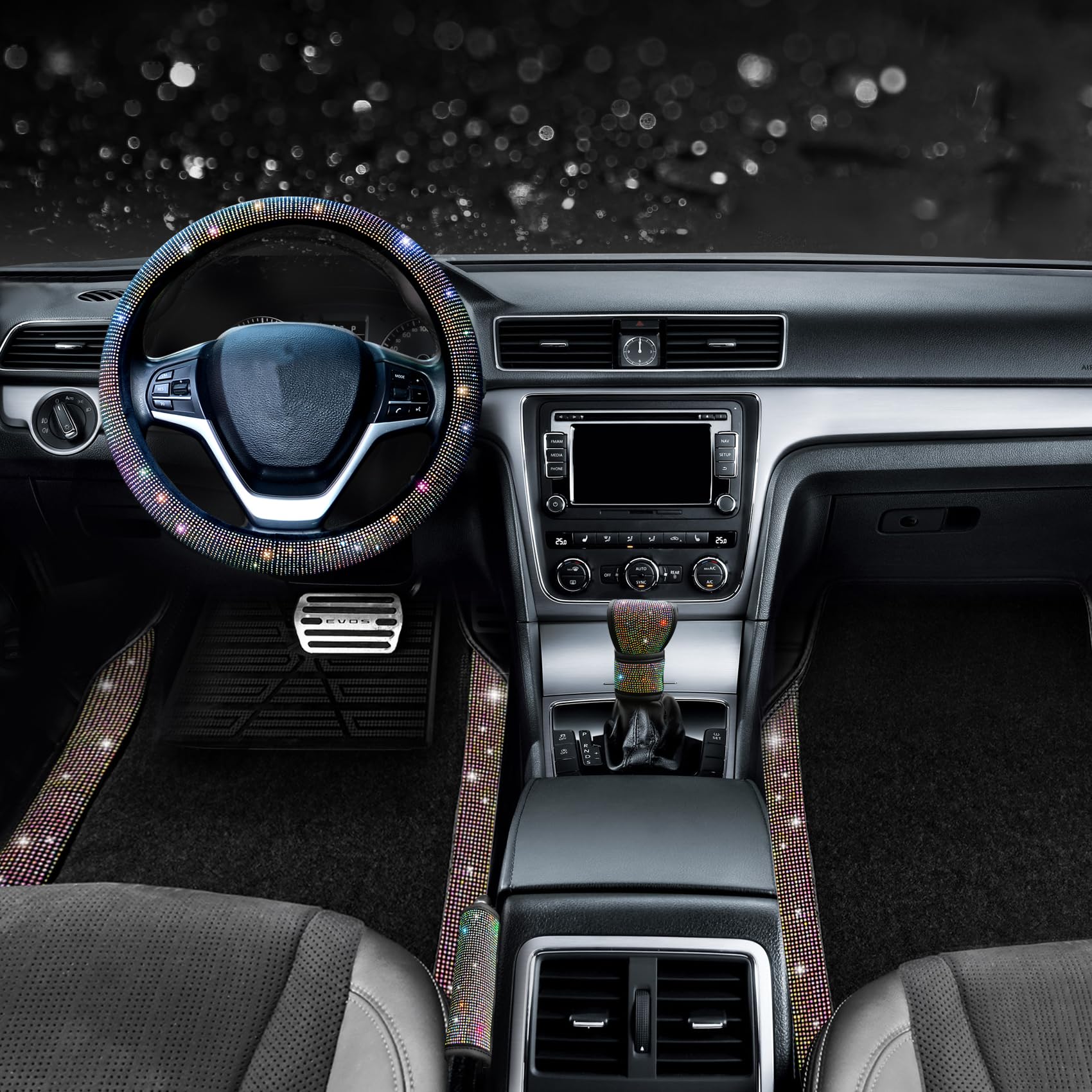 Valleycomfy Bling Steering Wheel Cover, Waterproof Diamond Floor Mats Sparkling 9-Pack Rhinestone Car Accessories For Women (Col